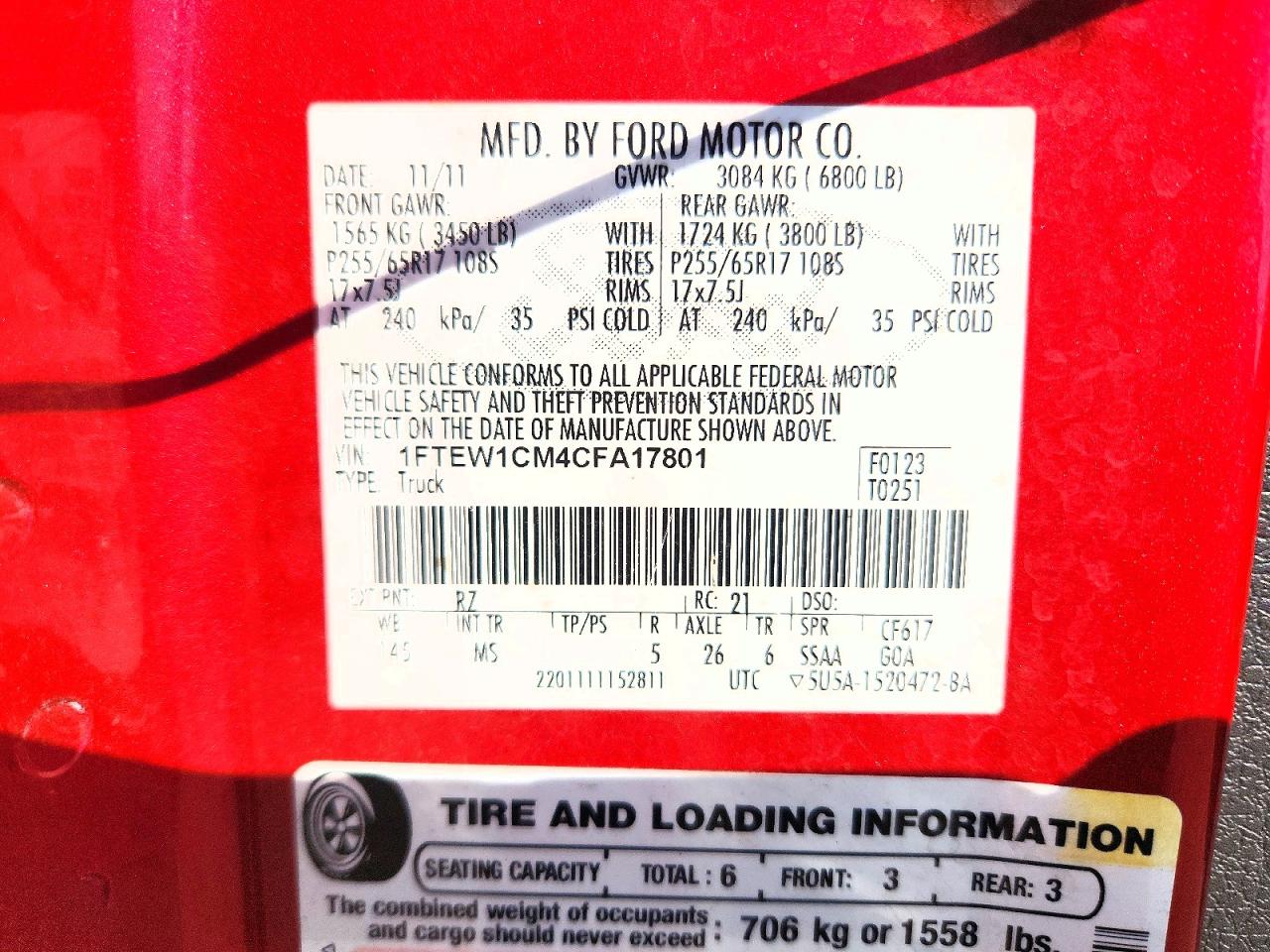 2012 Ford F150 Supercrew Red vin: 1FTEW1CM4CFA17801