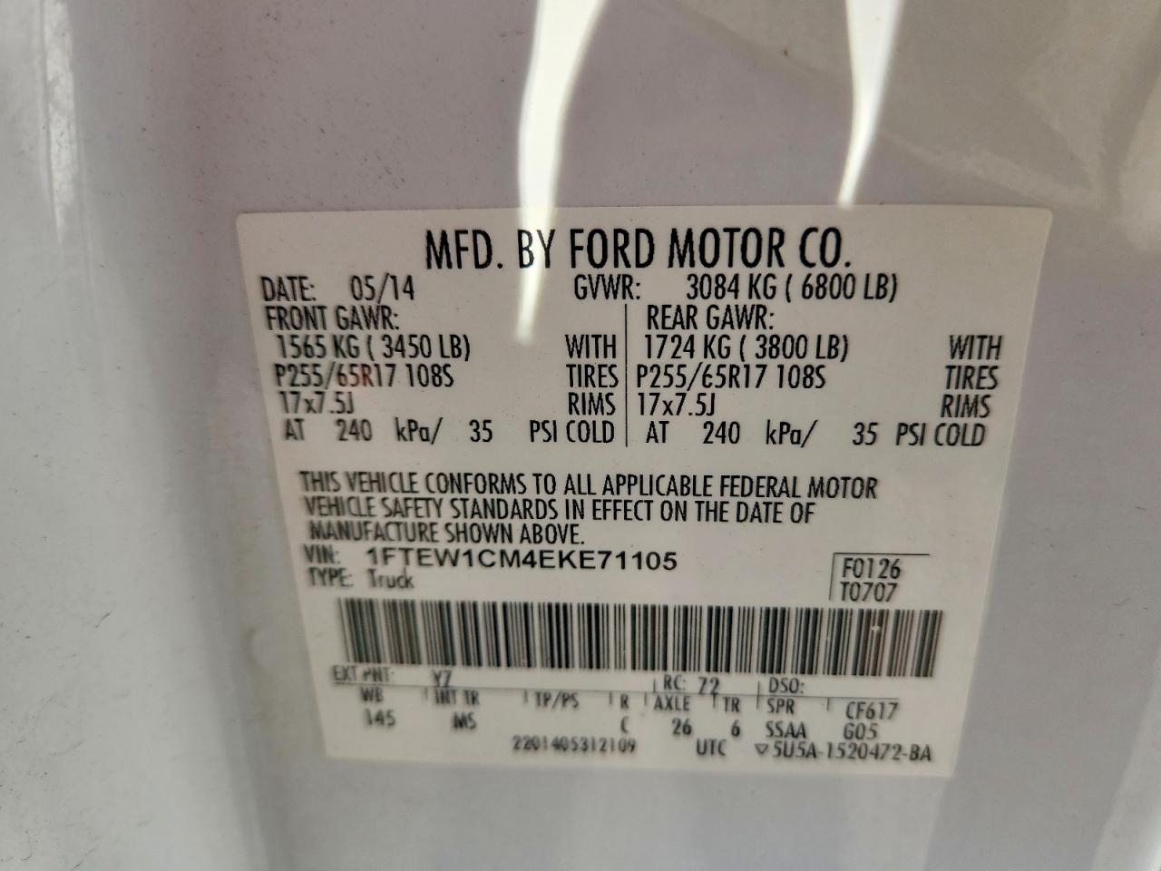 2014 Ford F150 Supercrew Белый vin: 1FTEW1CM4EKE71105