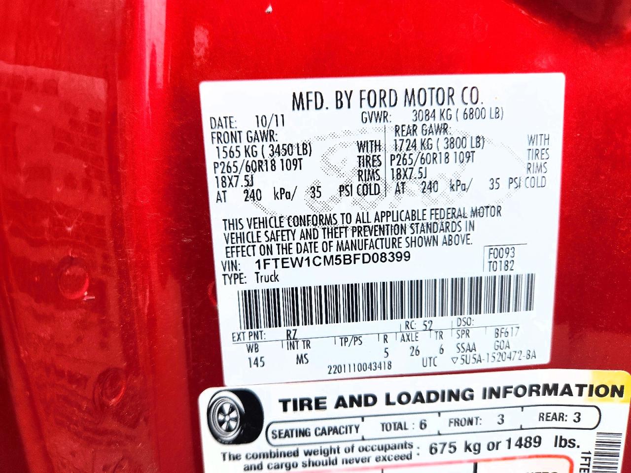 2011 Ford F150 Supercrew Red vin: 1FTEW1CM5BFD08399