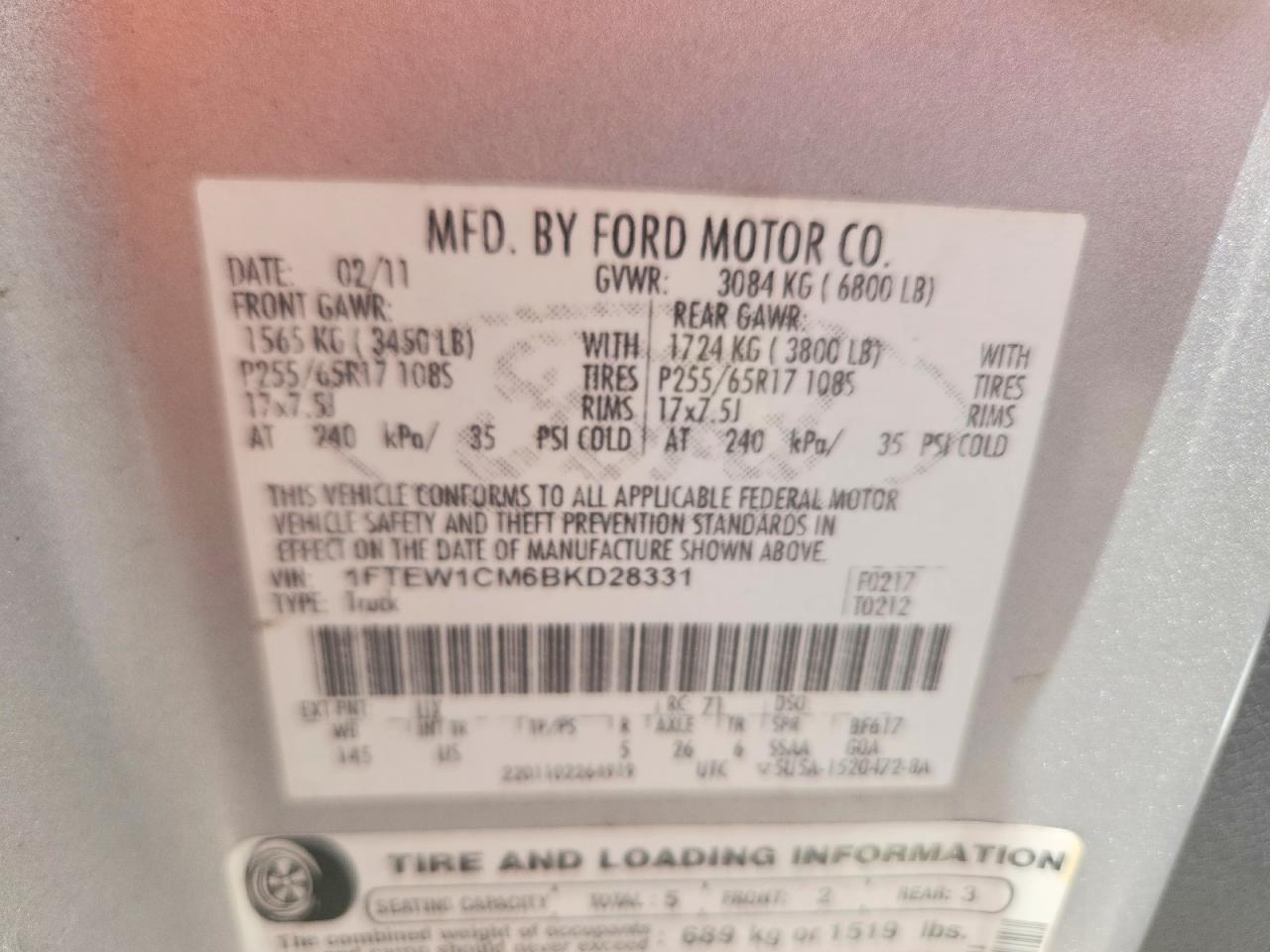 2011 Ford F150 Supercrew White vin: 1FTEW1CM6BKD28331