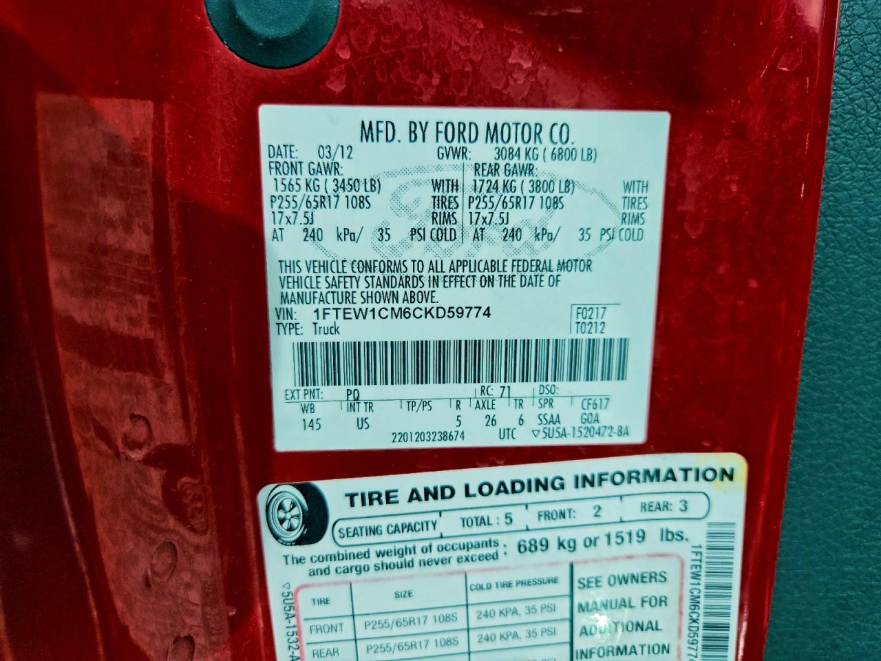 2012 Ford F150 Supercrew Red vin: 1FTEW1CM6CKD59774
