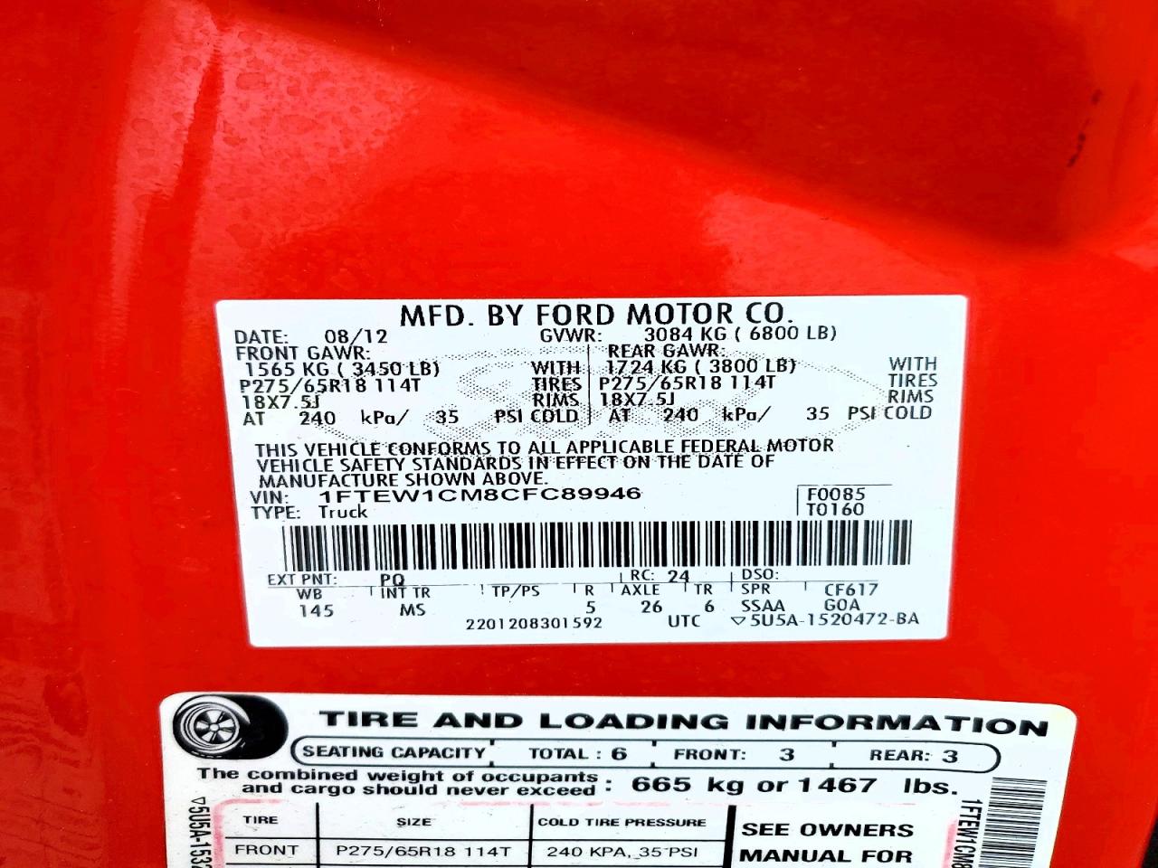 2012 Ford F150 Supercrew Red vin: 1FTEW1CM8CFC89946