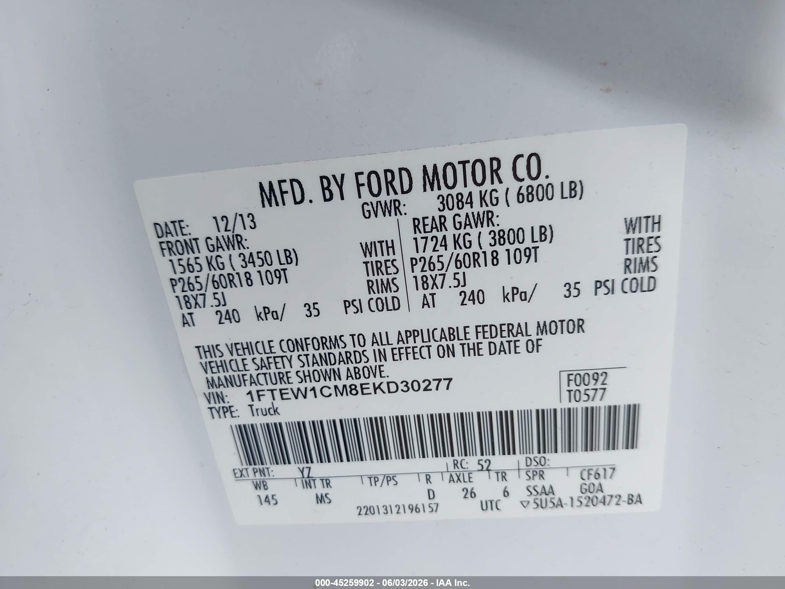 2014 Ford F150 Supercrew Белый vin: 1FTEW1CM8EKD30277