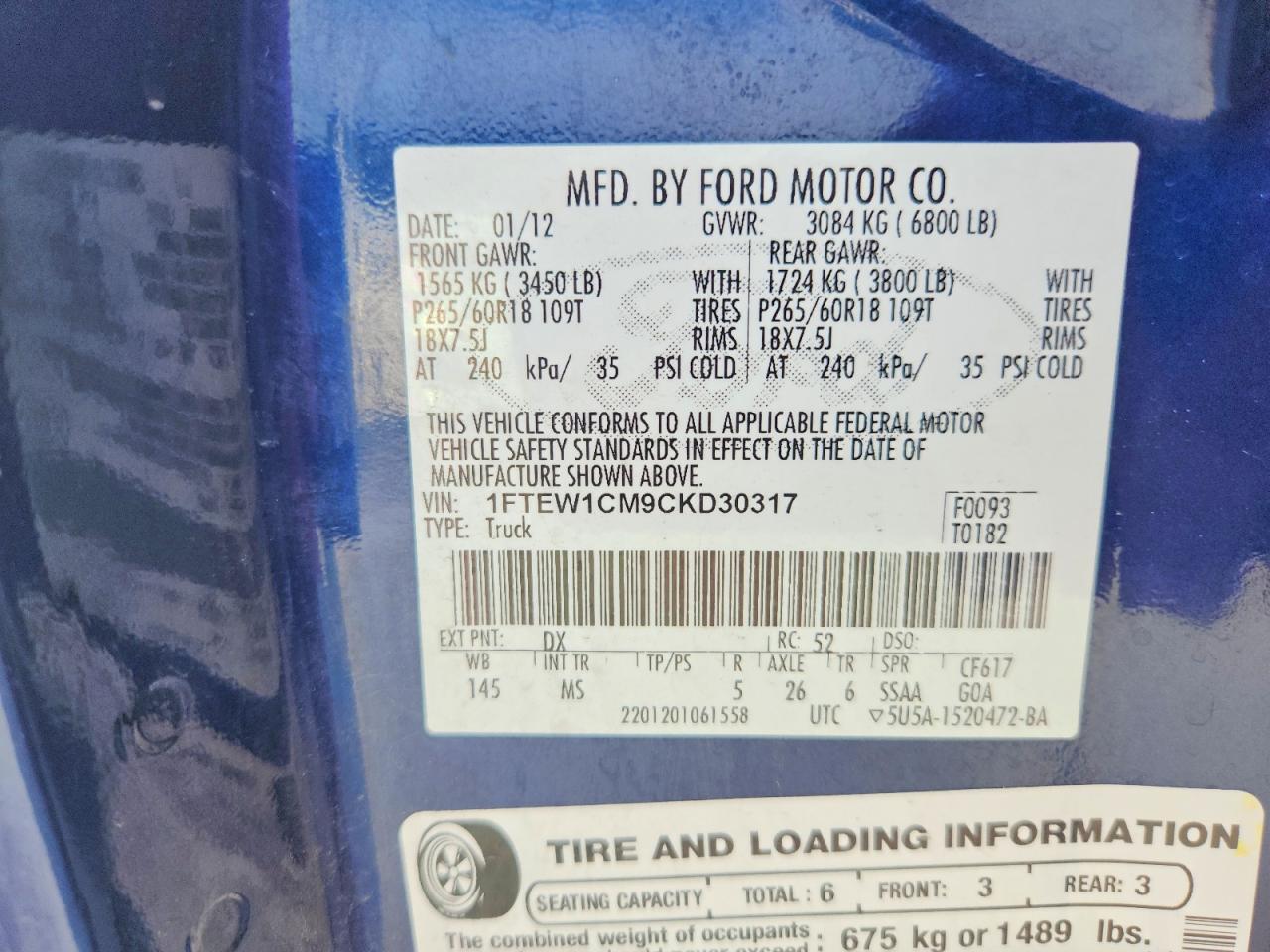 2012 Ford F150 Supercrew Blue vin: 1FTEW1CM9CKD30317