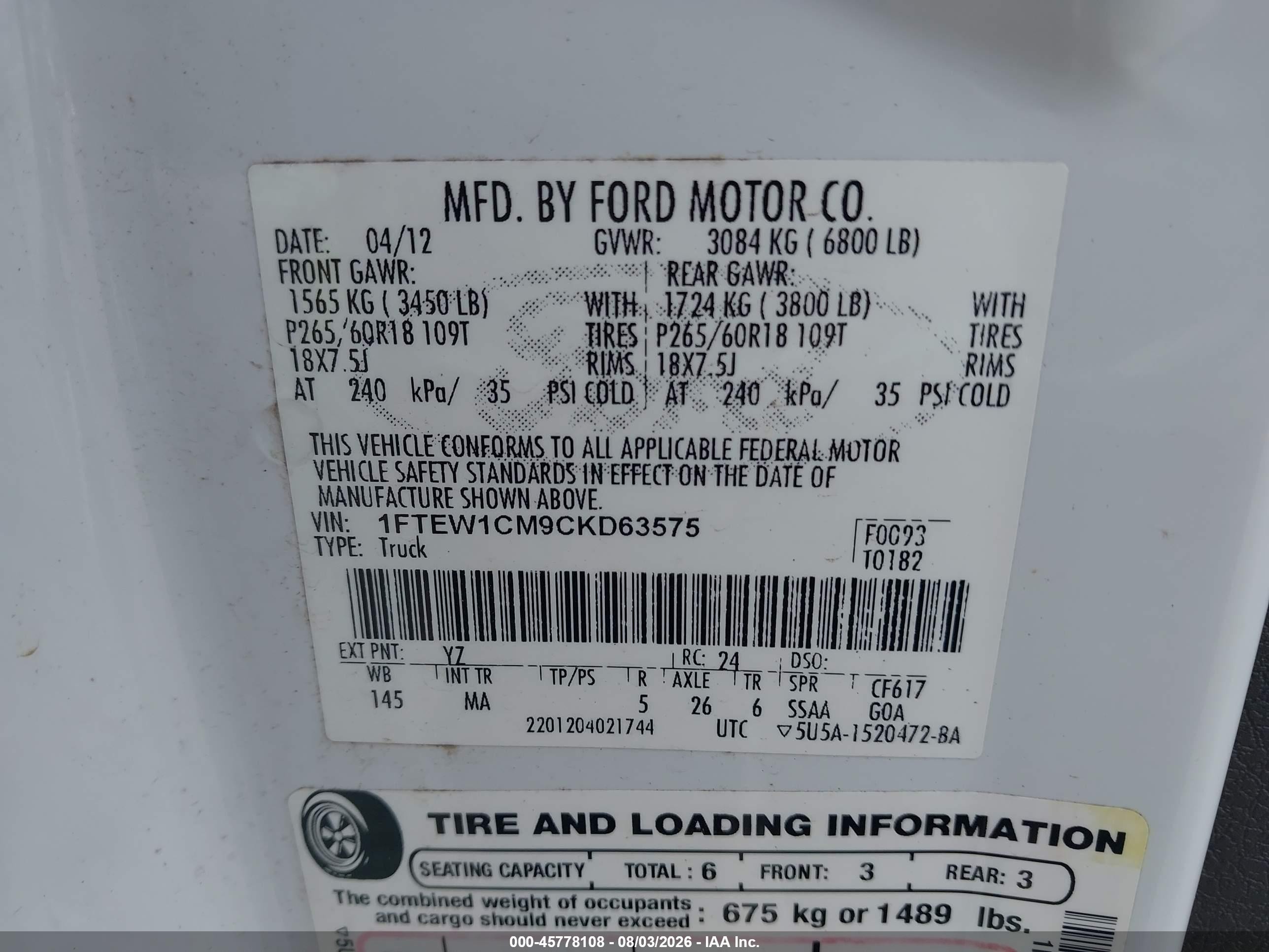 2012 Ford F-150 Xlt White vin: 1FTEW1CM9CKD63575