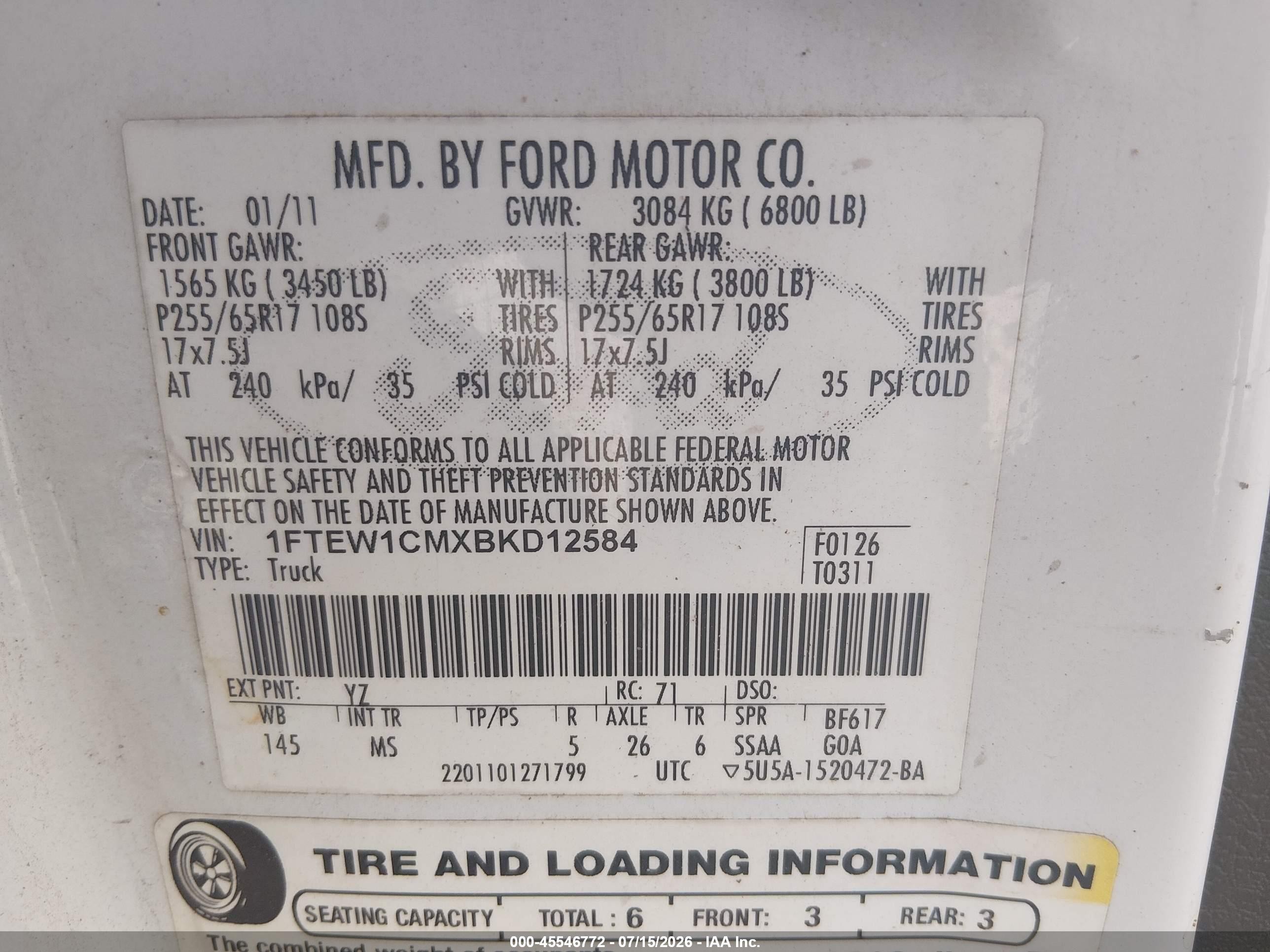 2011 Ford F-150 Xlt White vin: 1FTEW1CMXBKD12584