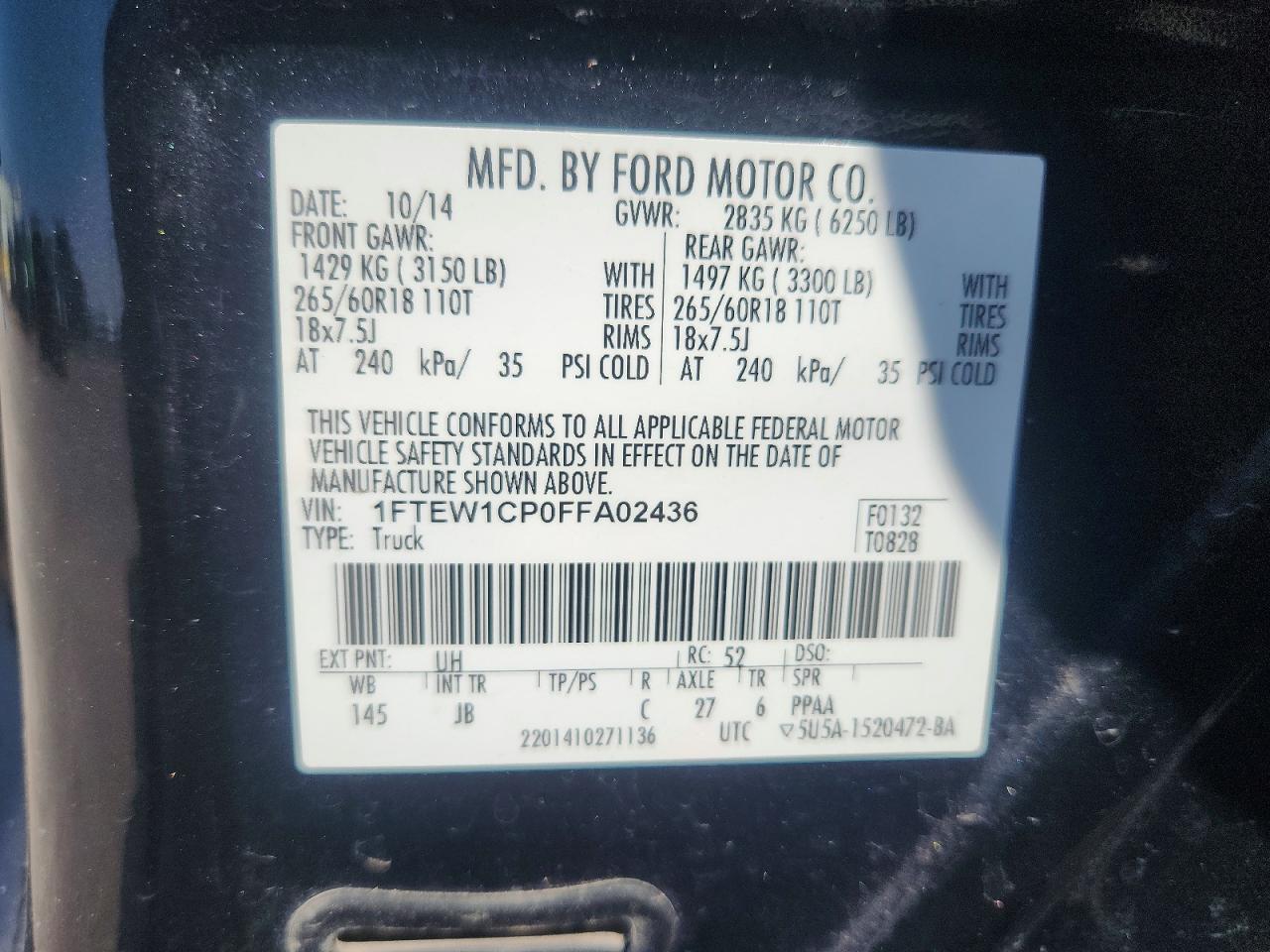 2015 Ford F150 Supercrew Black vin: 1FTEW1CP0FFA02436