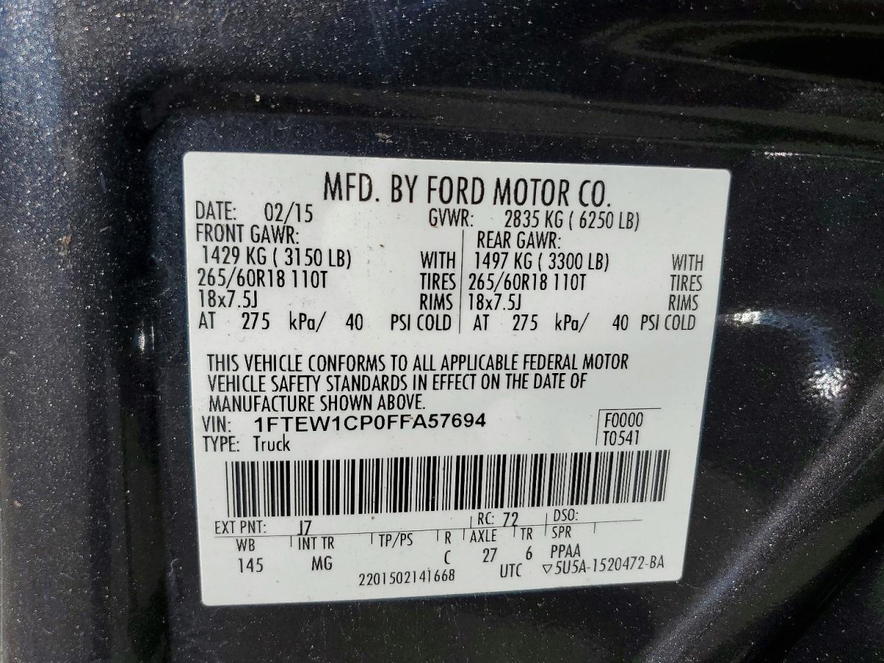 2015 Ford F150 Supercrew Gray vin: 1FTEW1CP0FFA57694