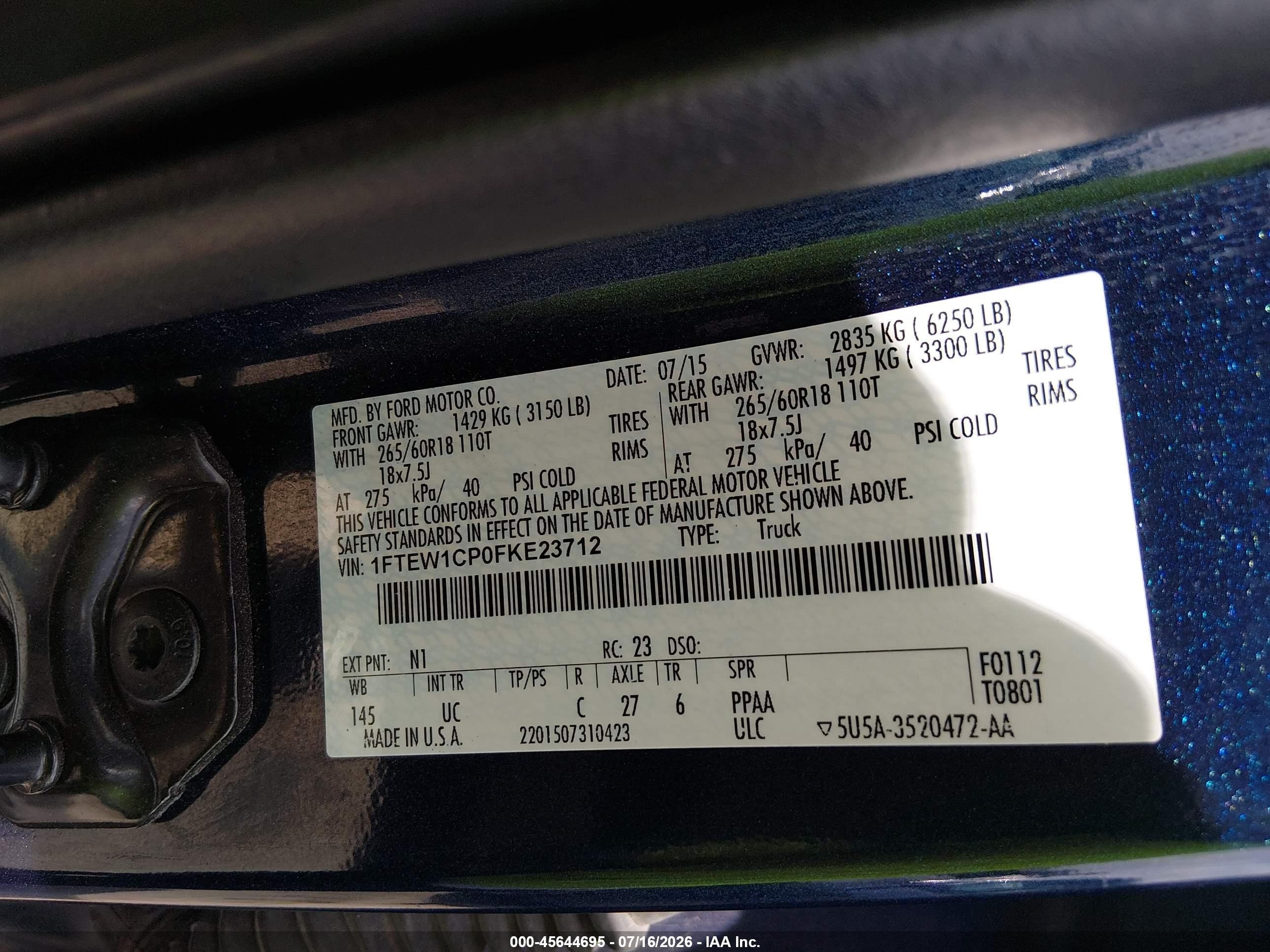 2015 Ford F-150 Xlt Blue vin: 1FTEW1CP0FKE23712