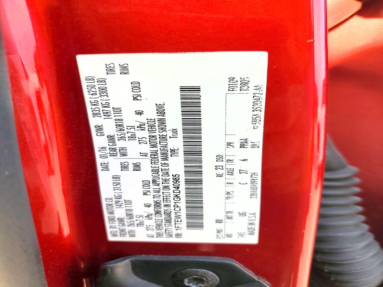 2016 Ford F150 Supercrew Red vin: 1FTEW1CP1GKD40985