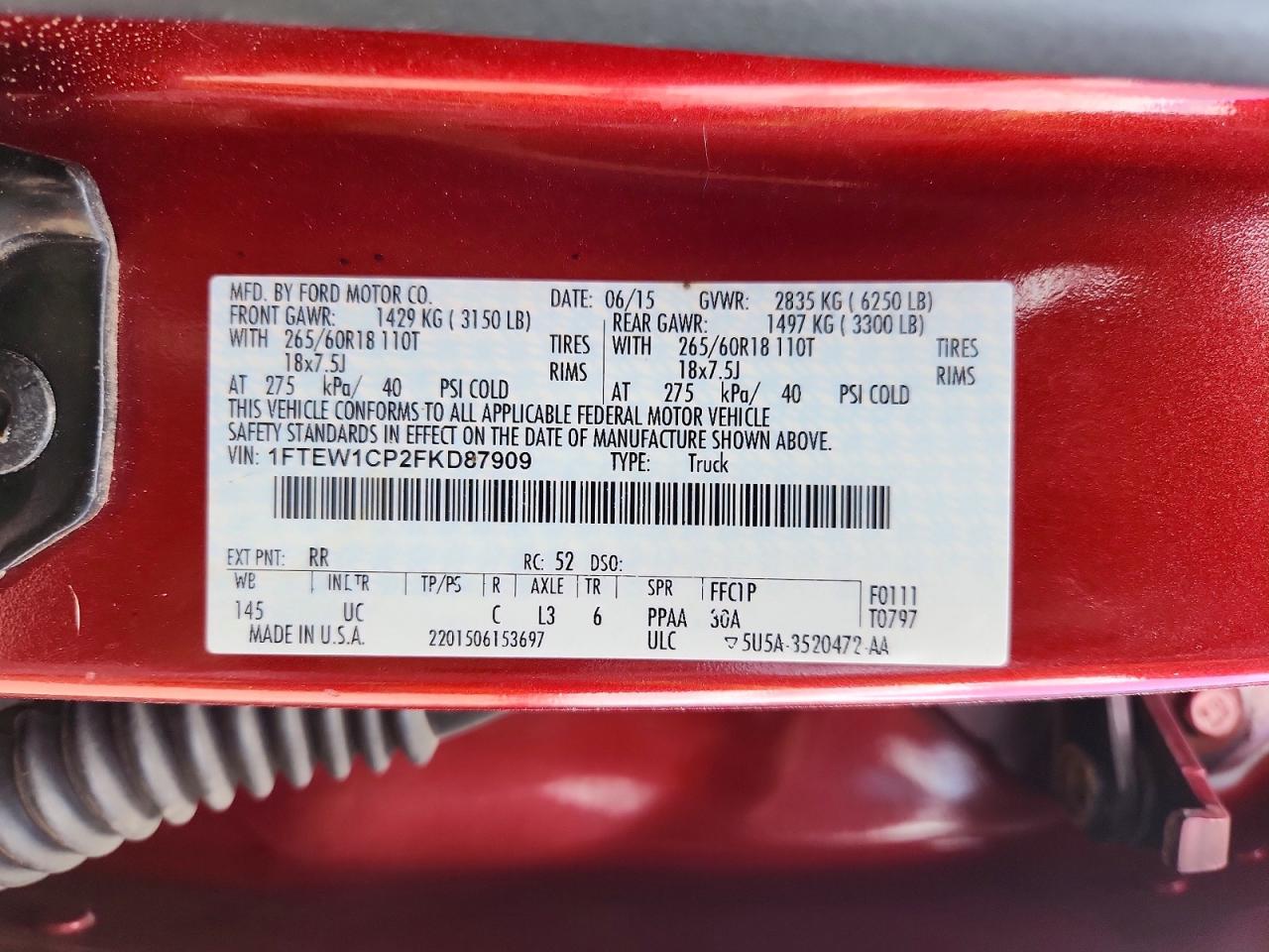 2015 Ford F150 Supercrew Burgundy vin: 1FTEW1CP2FKD87909
