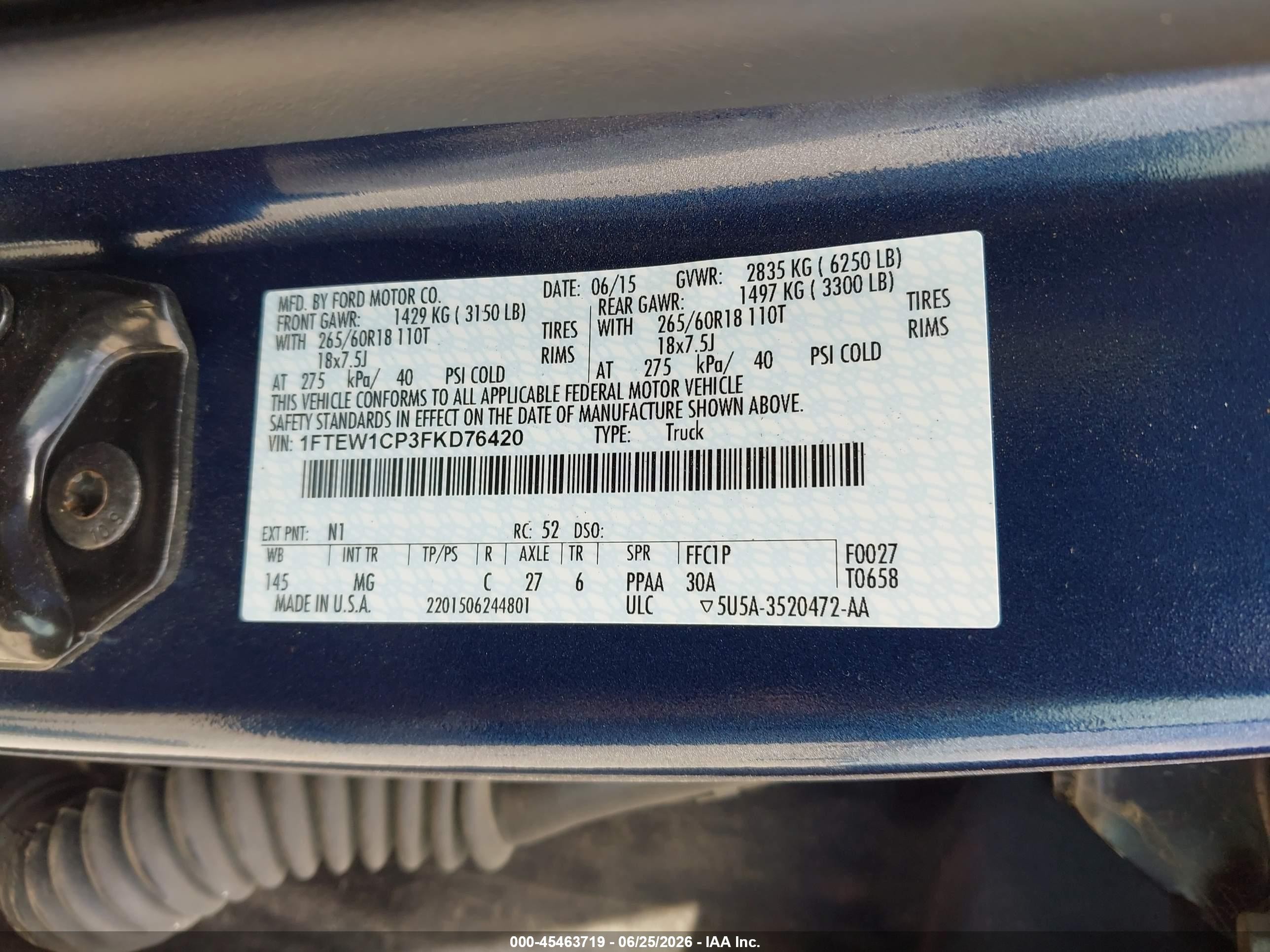 2015 Ford F-150 Lariat/xl/xlt Blue vin: 1FTEW1CP3FKD76420