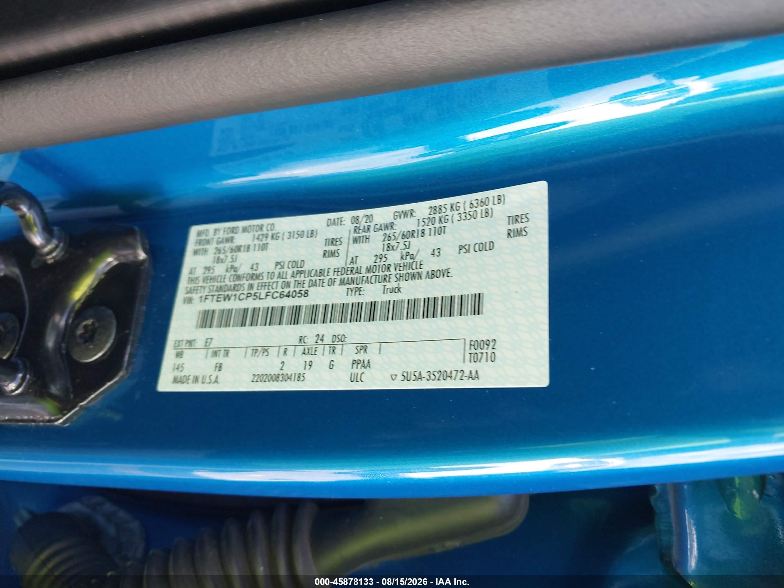 2020 Ford F-150 Xlt Blue vin: 1FTEW1CP5LFC64058