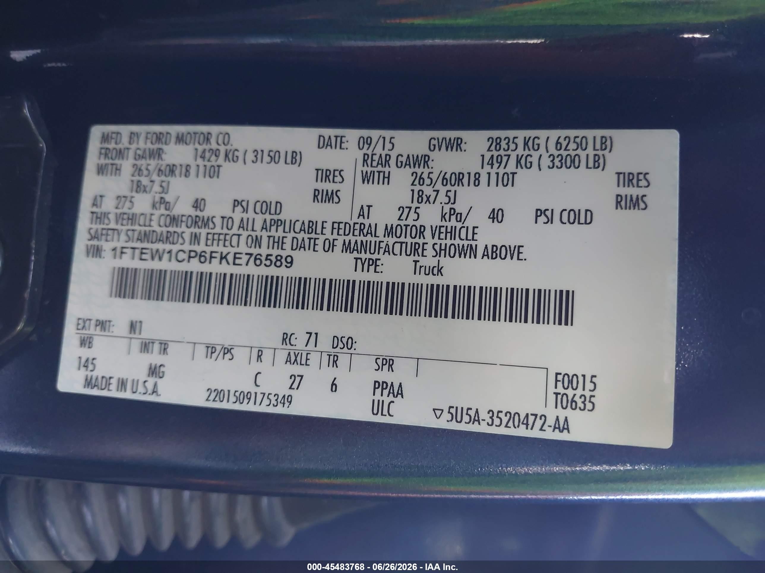 2015 Ford F-150 Lariat/xl/xlt Blue vin: 1FTEW1CP6FKE76589