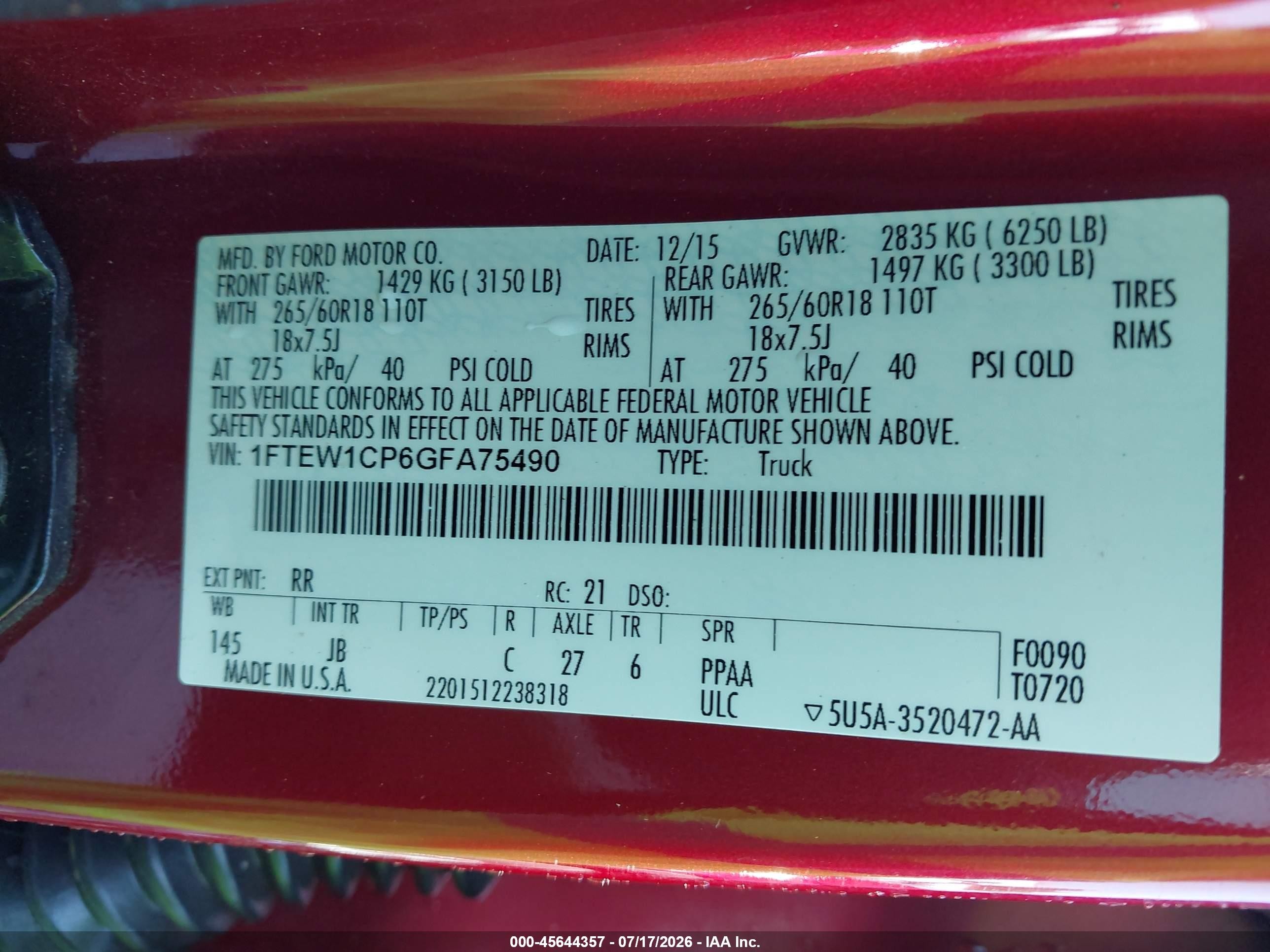 2016 Ford F-150 Xlt Red vin: 1FTEW1CP6GFA75490