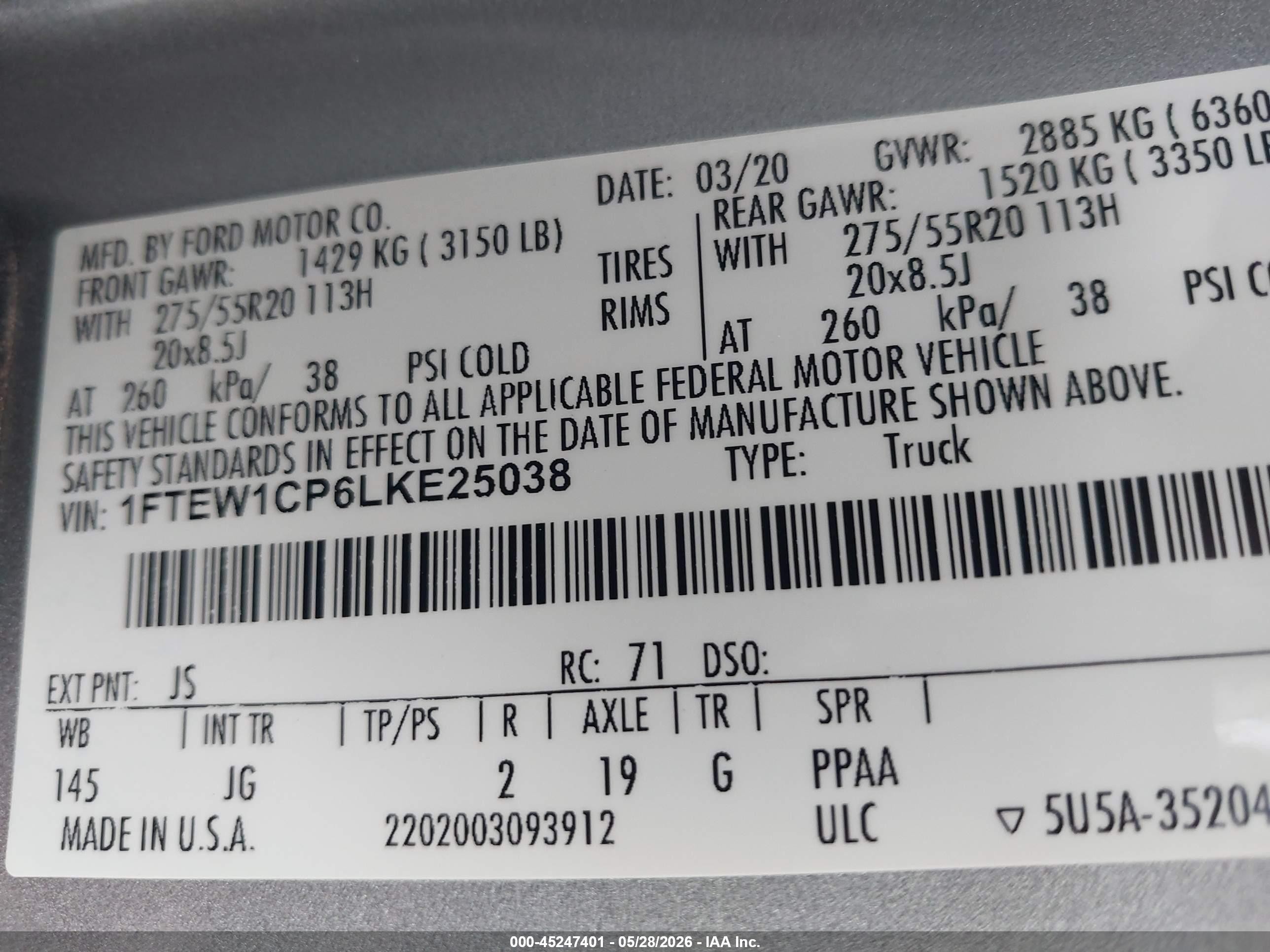 2020 Ford F-150 Xl Silver vin: 1FTEW1CP6LKE25038