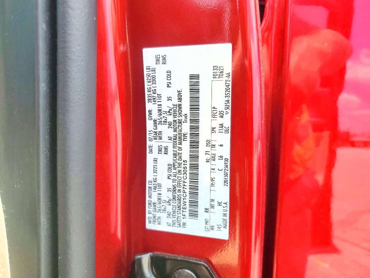 2015 Ford F150 Supercrew Red vin: 1FTEW1CP7FFC30515