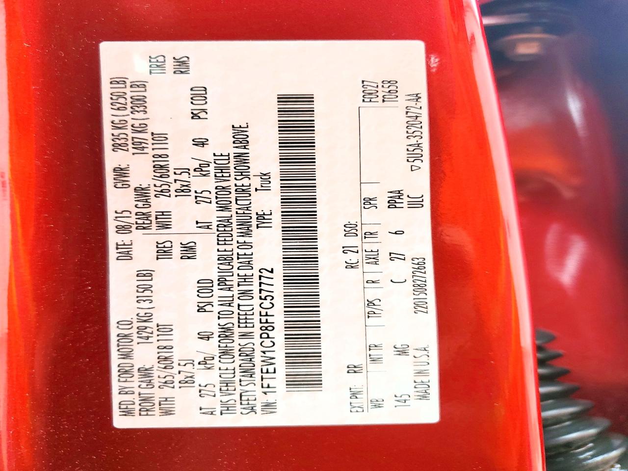 2015 Ford F150 Supercrew Red vin: 1FTEW1CP8FFC57772