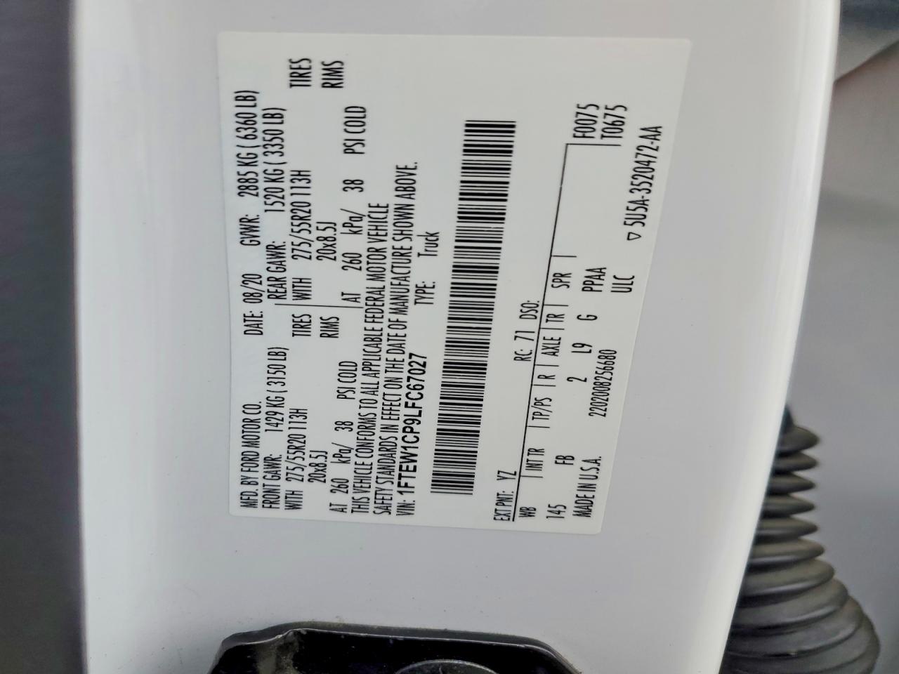 2020 Ford F150 Supercrew White vin: 1FTEW1CP9LFC67027
