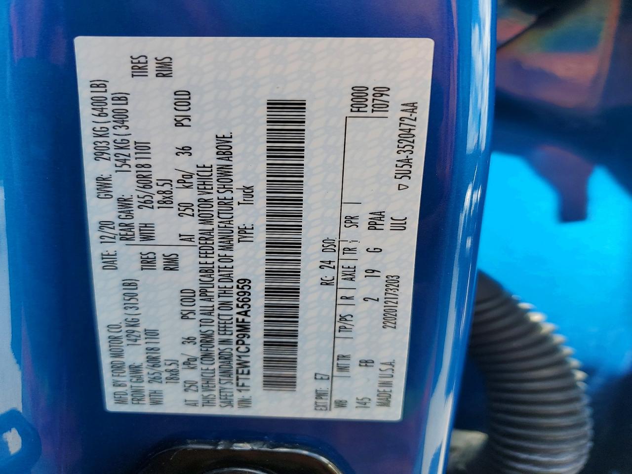 2021 Ford F150 Supercrew Blue vin: 1FTEW1CP9MFA56959
