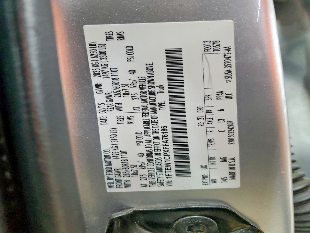 2015 Ford F150 Supercrew Silver vin: 1FTEW1CPXFFA76186