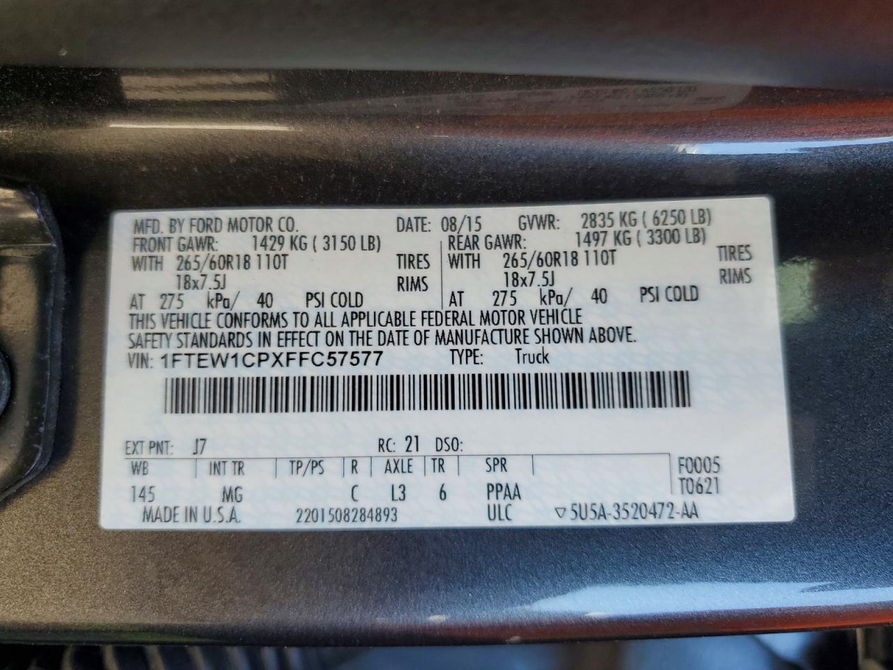 2015 Ford F150 Supercrew Gray vin: 1FTEW1CPXFFC57577