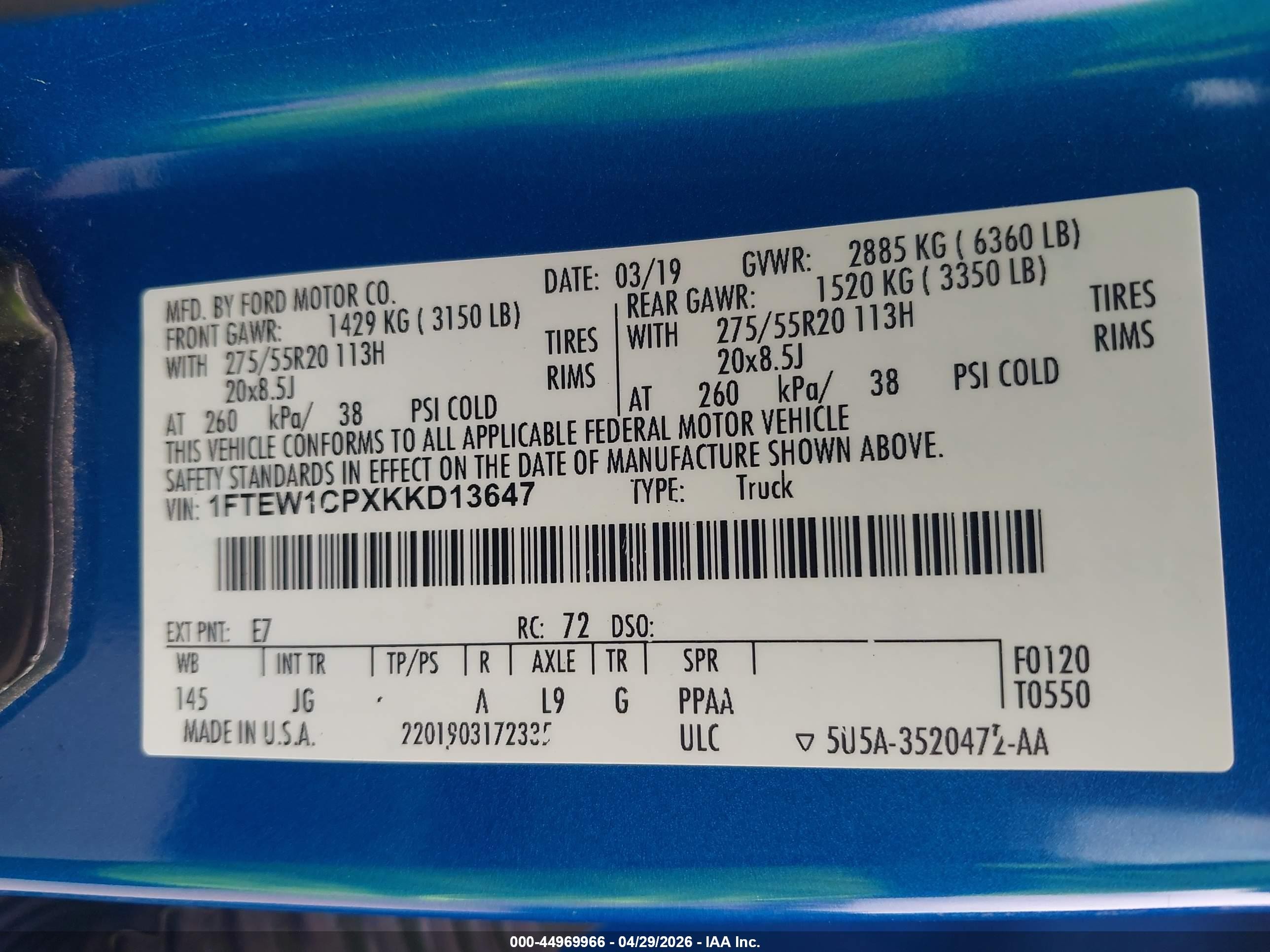 2019 Ford F-150 Xl Blue vin: 1FTEW1CPXKKD13647