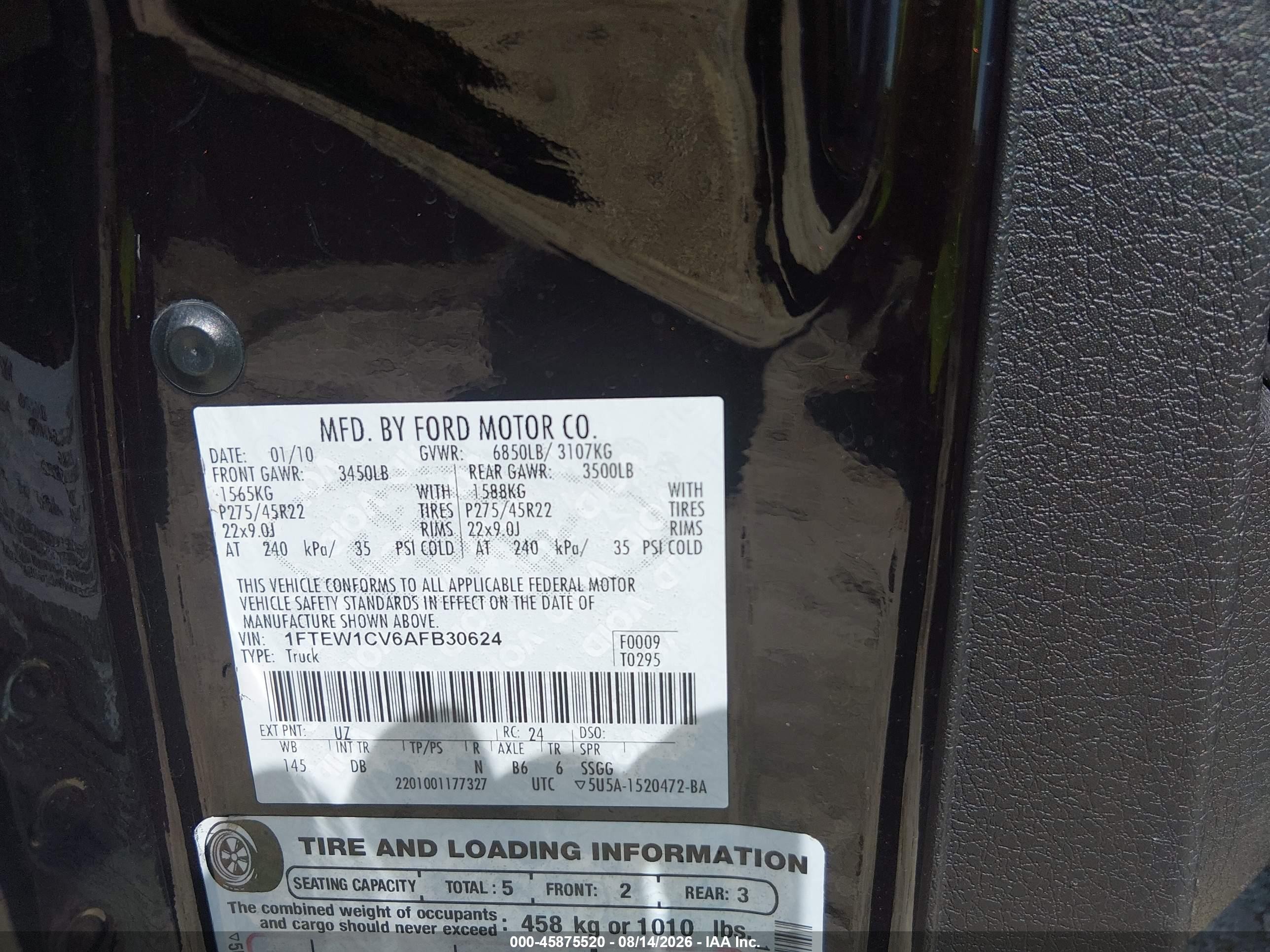 2010 Ford F-150 Fx2 Sport/harley-davidson/king Ranch/lariat/platinum/xl/xlt Black vin: 1FTEW1CV6AFB30624