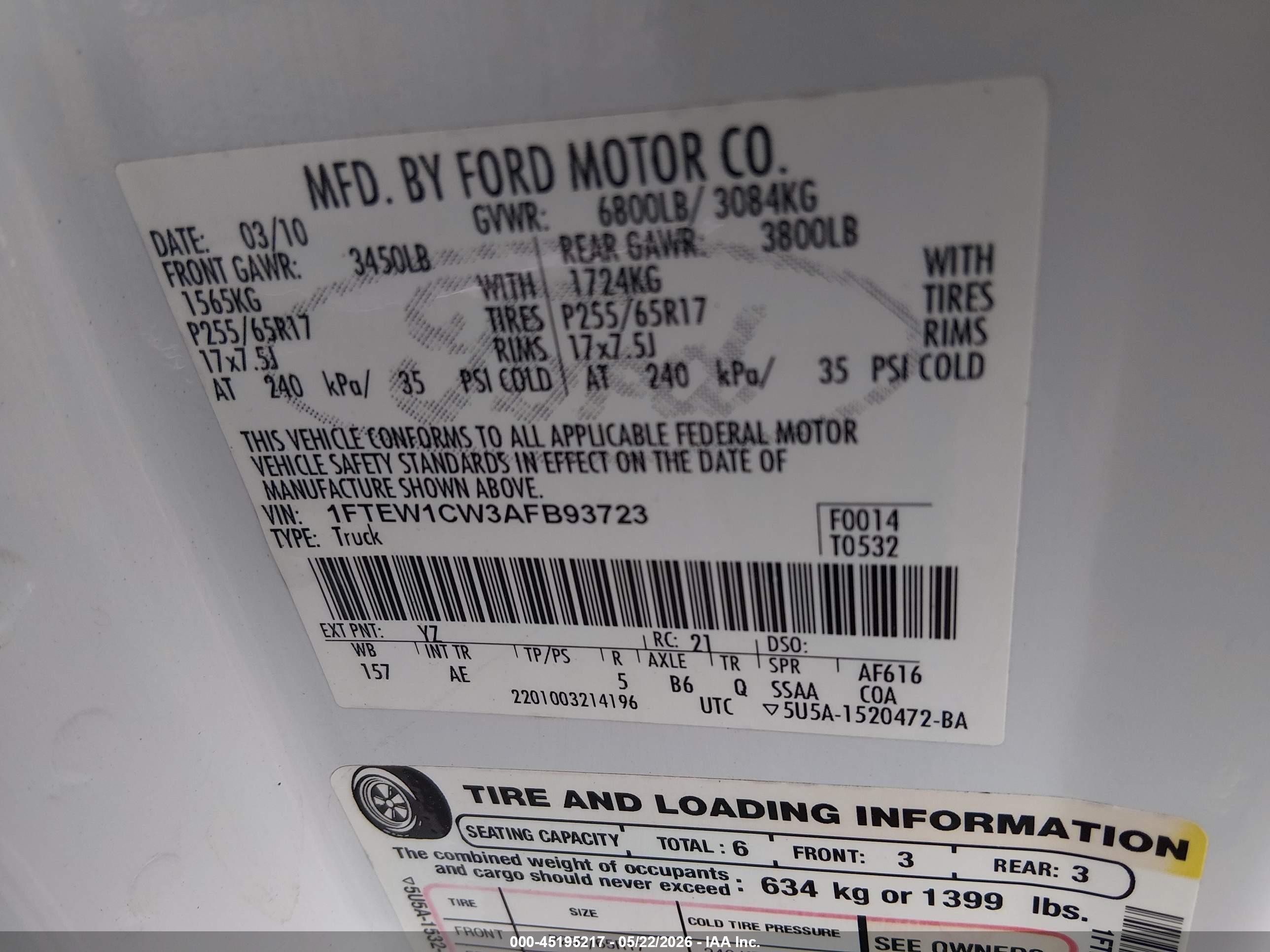 2010 Ford F150 Supercrew White vin: 1FTEW1CW3AFB93723
