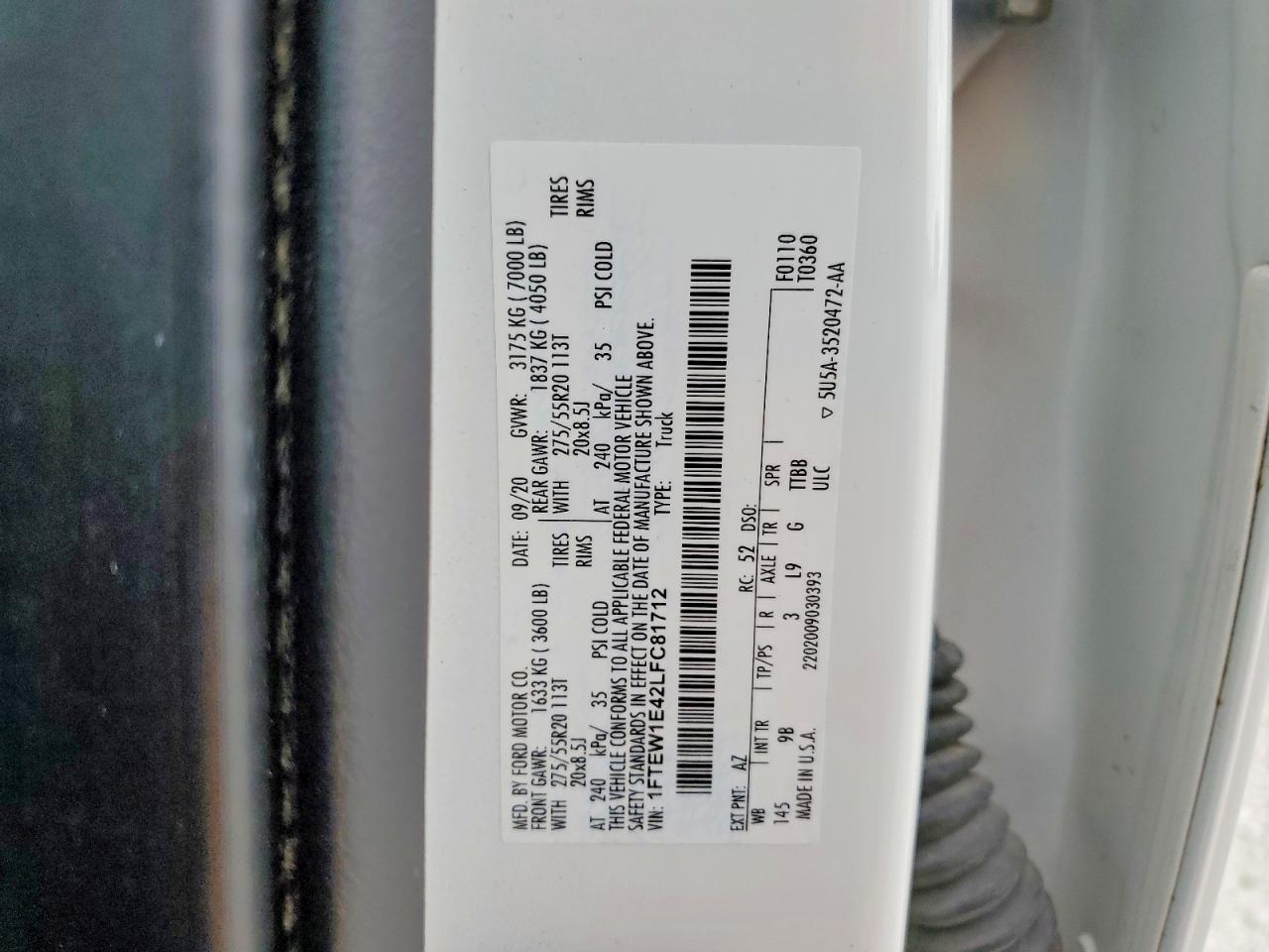 2020 Ford F150 Supercrew Белый vin: 1FTEW1E42LFC81712