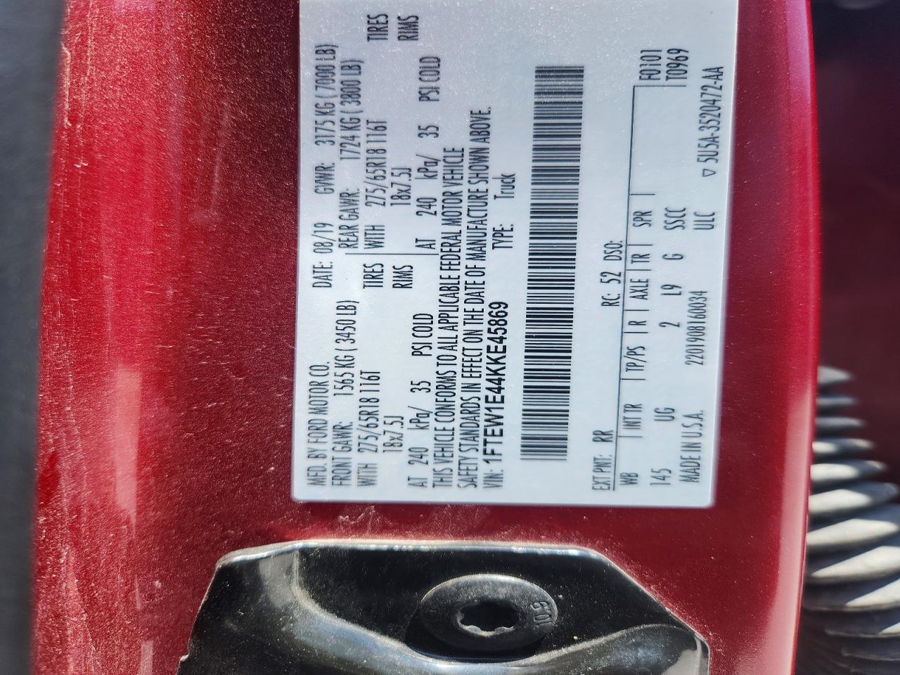 2019 Ford F150 Supercrew Red vin: 1FTEW1E44KKE45869