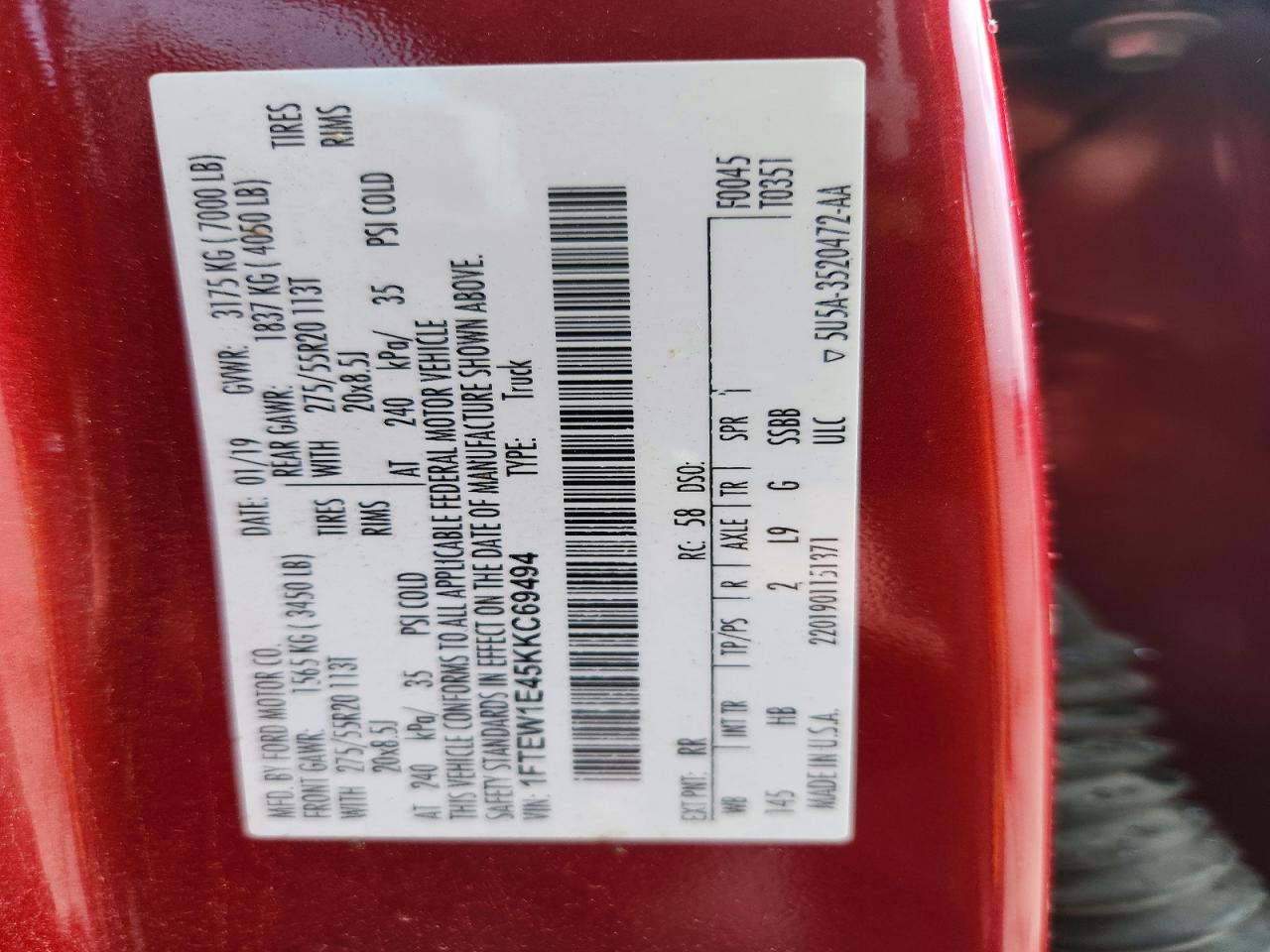 2019 Ford F150 Supercrew Red vin: 1FTEW1E45KKC69494