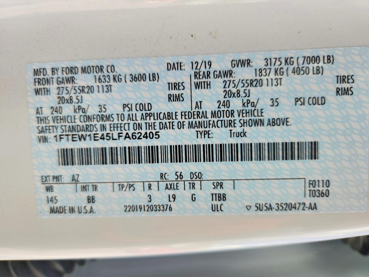 2020 Ford F150 Supercrew White vin: 1FTEW1E45LFA62405