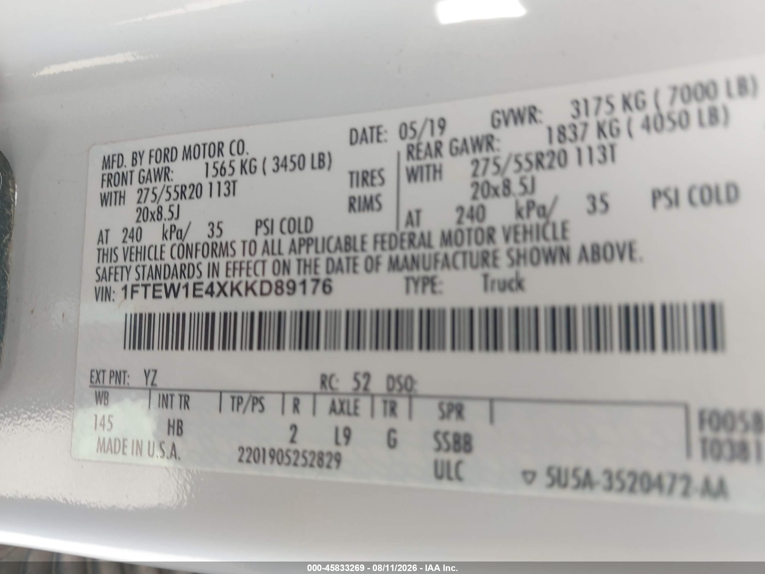 2019 Ford F-150 Lariat White vin: 1FTEW1E4XKKD89176