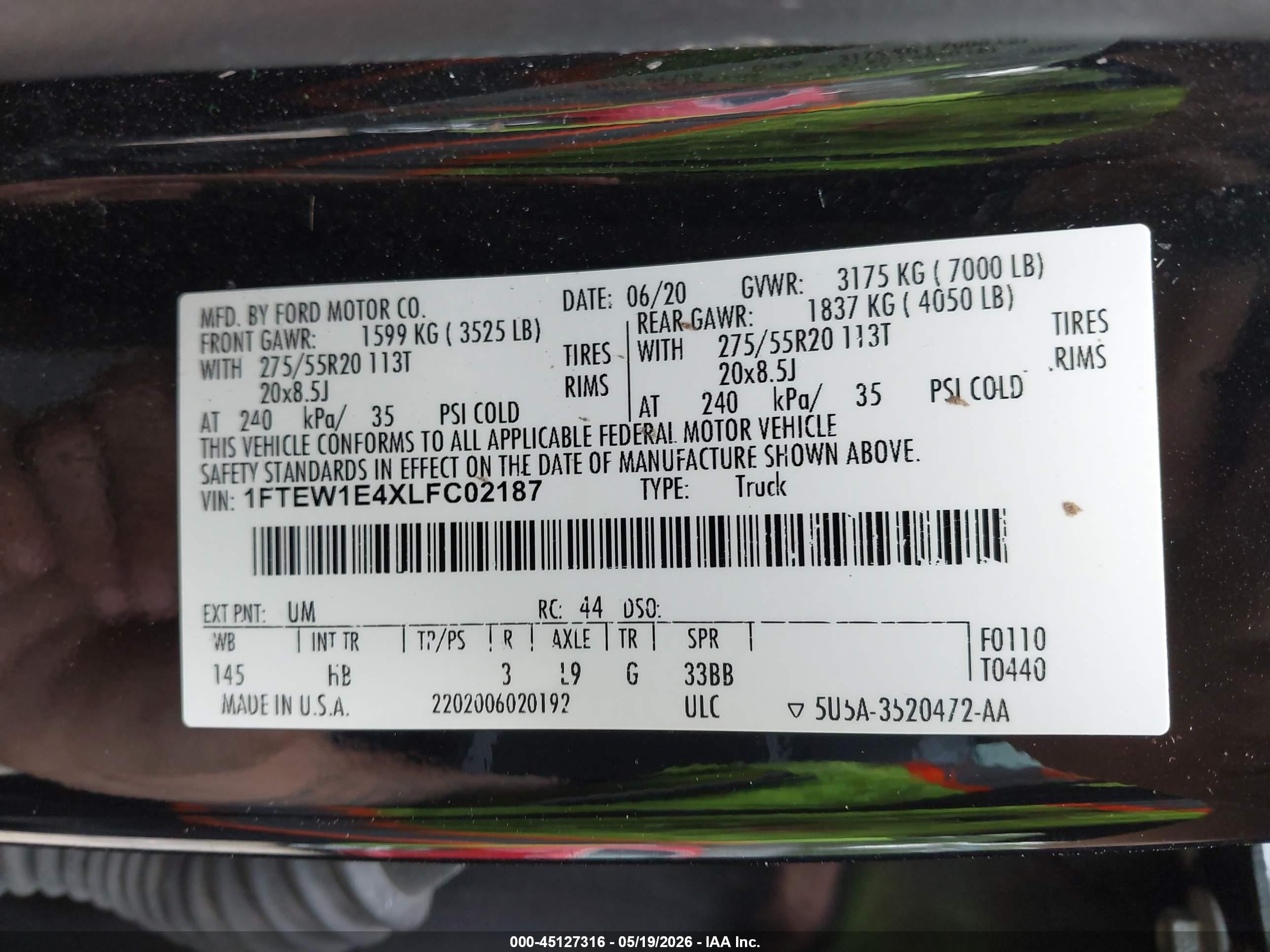 2020 Ford F-150 Lariat Black vin: 1FTEW1E4XLFC02187