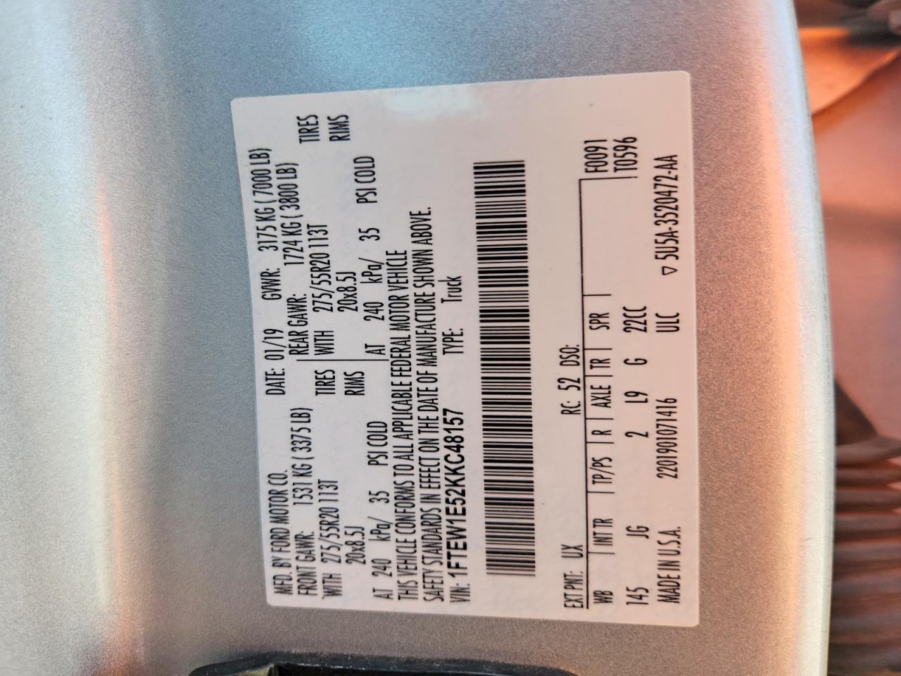 2019 Ford F150 Supercrew White vin: 1FTEW1E52KKC48157