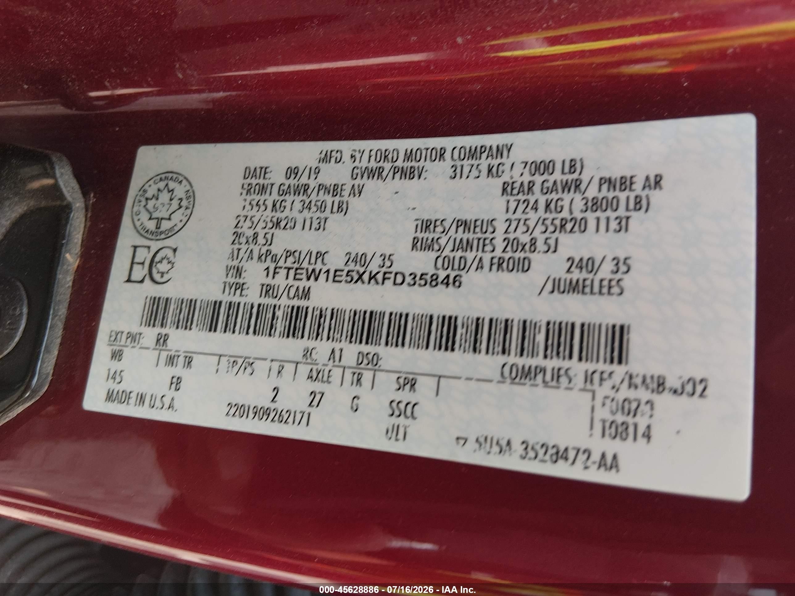 2019 Ford F-150 Xlt Burgundy vin: 1FTEW1E5XKFD35846
