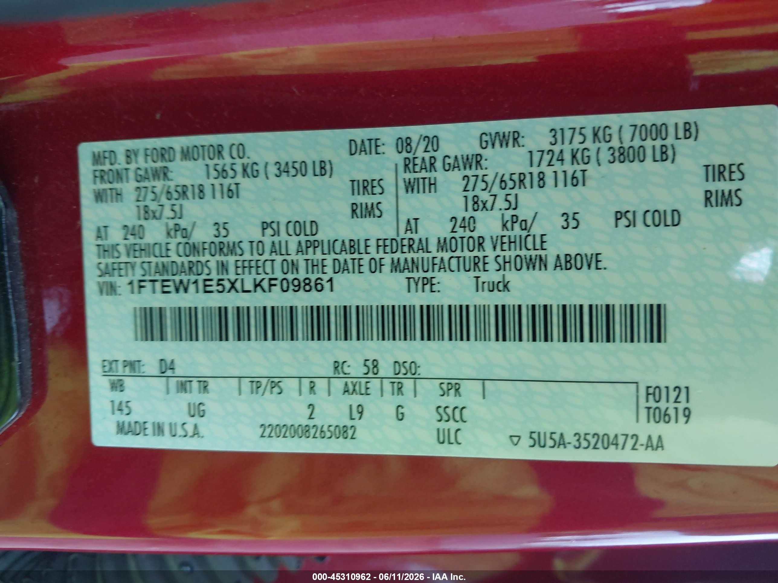 2020 Ford F-150 Xlt Red vin: 1FTEW1E5XLKF09861