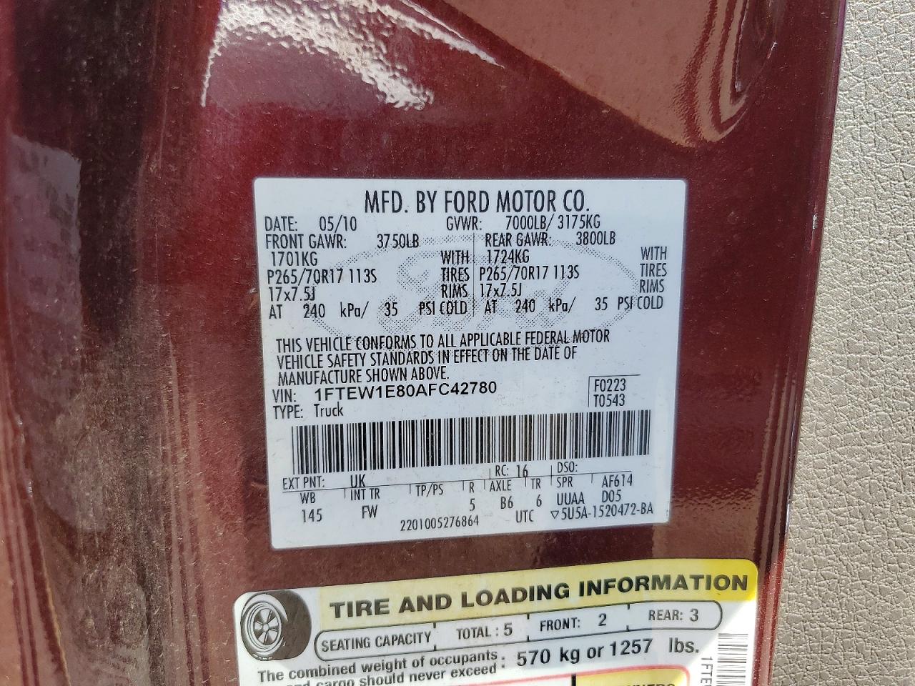 2010 Ford F150 Supercrew Burgundy vin: 1FTEW1E80AFC42780