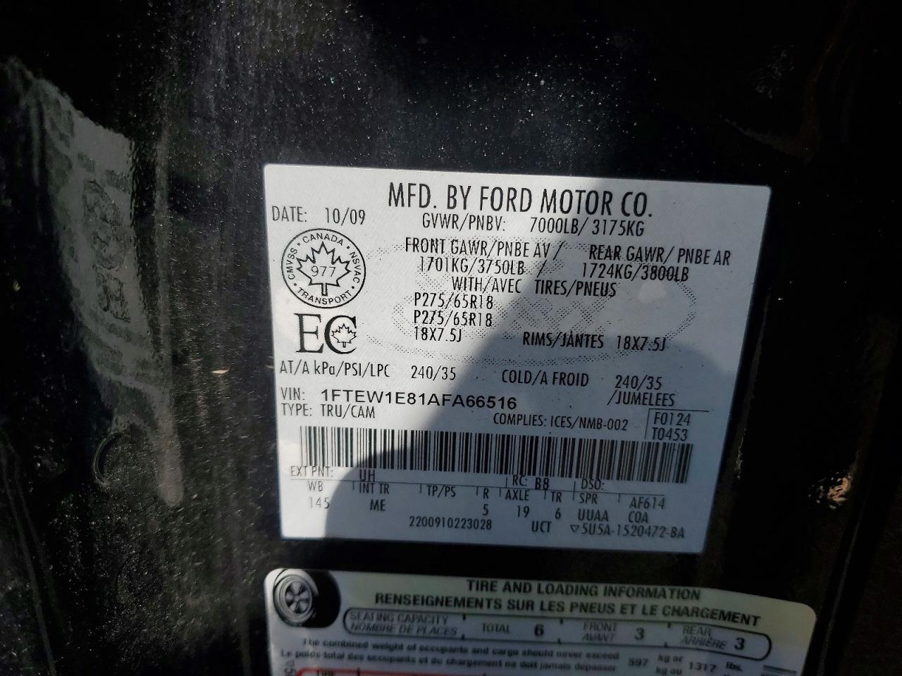 2010 Ford F150 Supercrew Black vin: 1FTEW1E81AFA66516