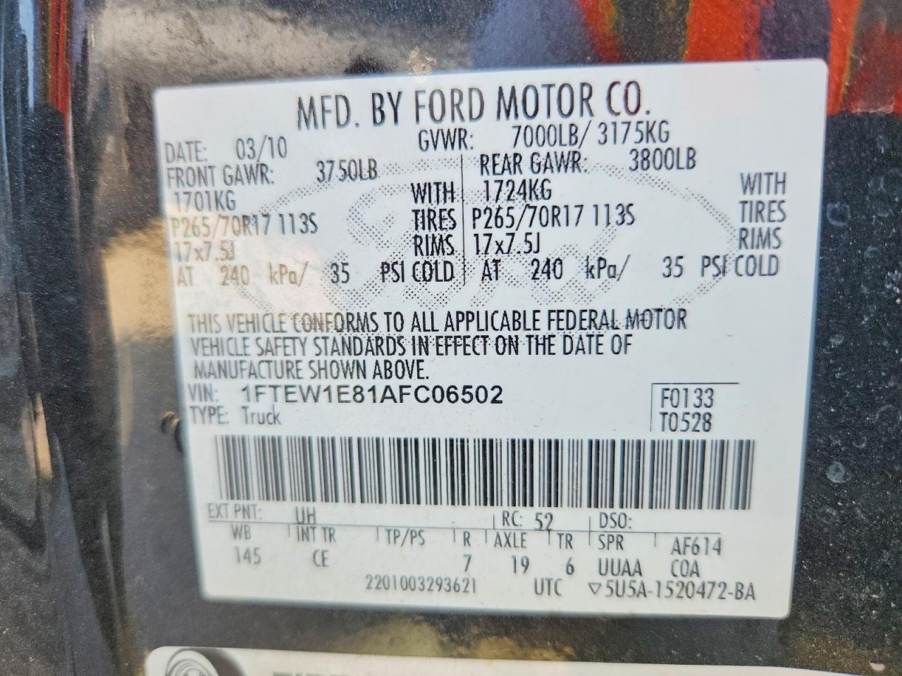 2010 Ford F150 Supercrew Black vin: 1FTEW1E81AFC06502