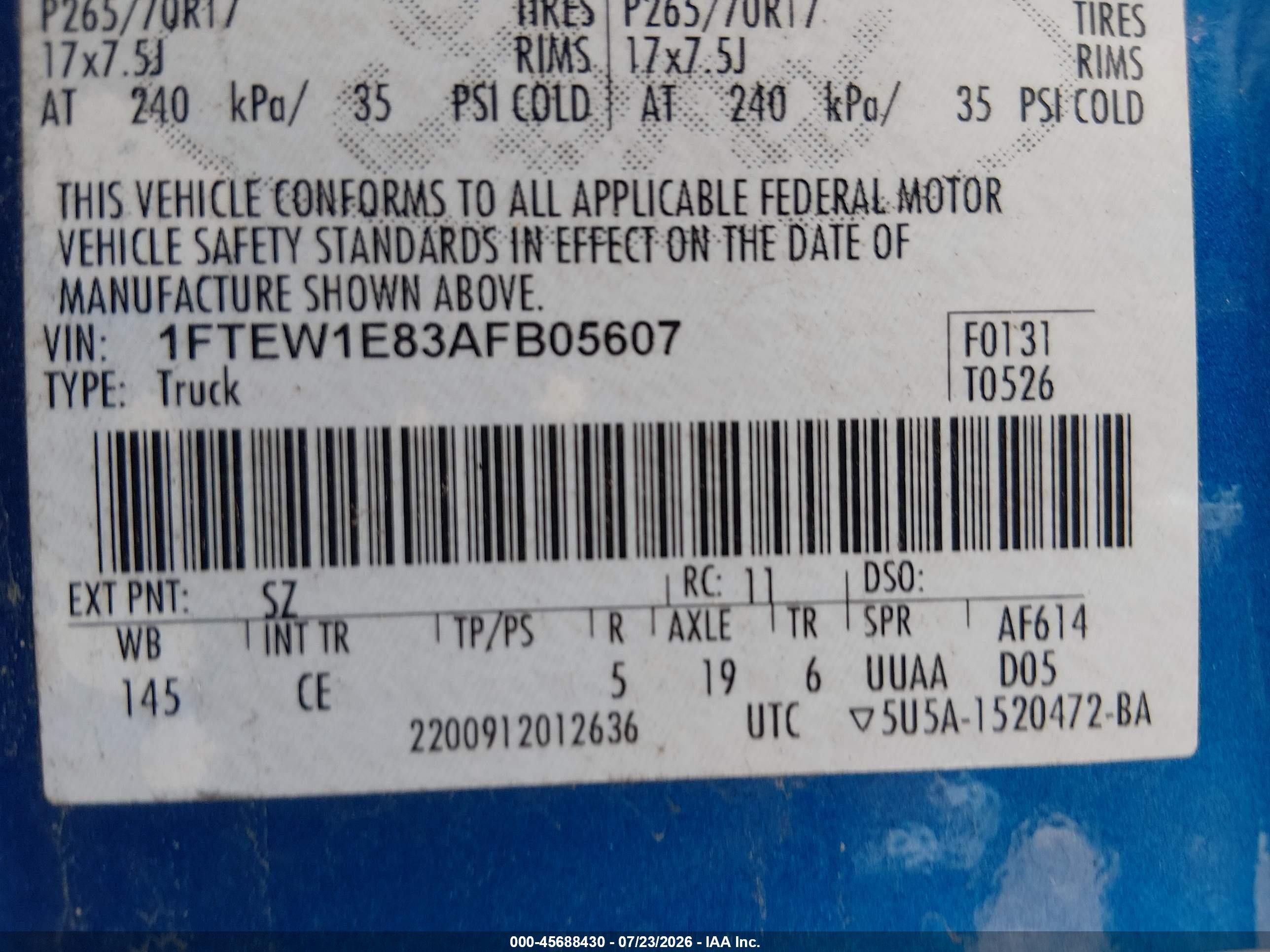 2010 Ford F-150 Xl/xlt Blue vin: 1FTEW1E83AFB05607