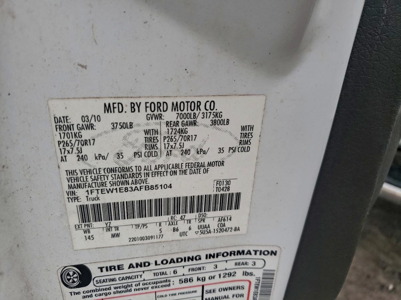 2010 Ford F150 Supercrew White vin: 1FTEW1E83AFB85104