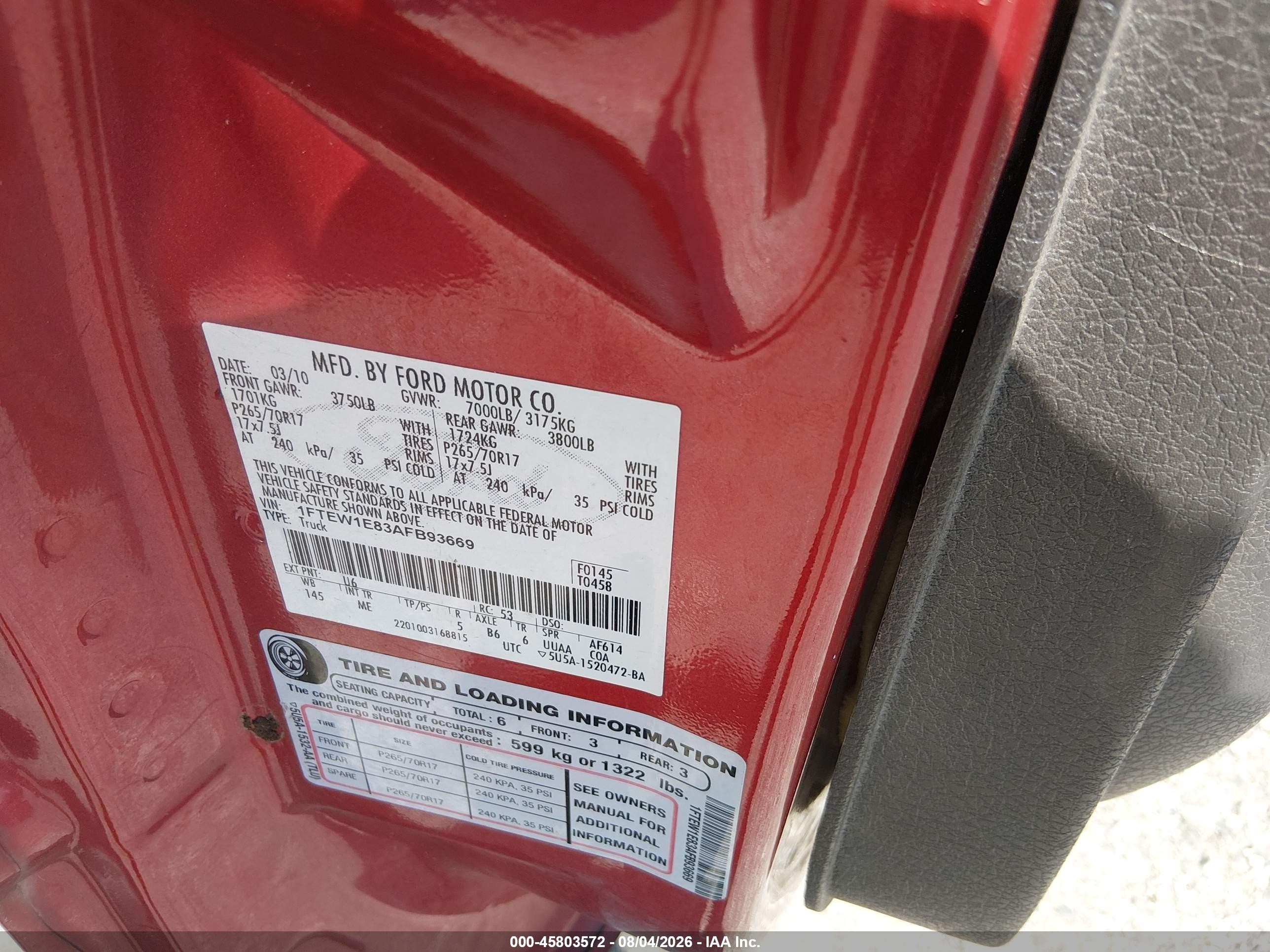 2010 Ford F-150 Xl/xlt Red vin: 1FTEW1E83AFB93669