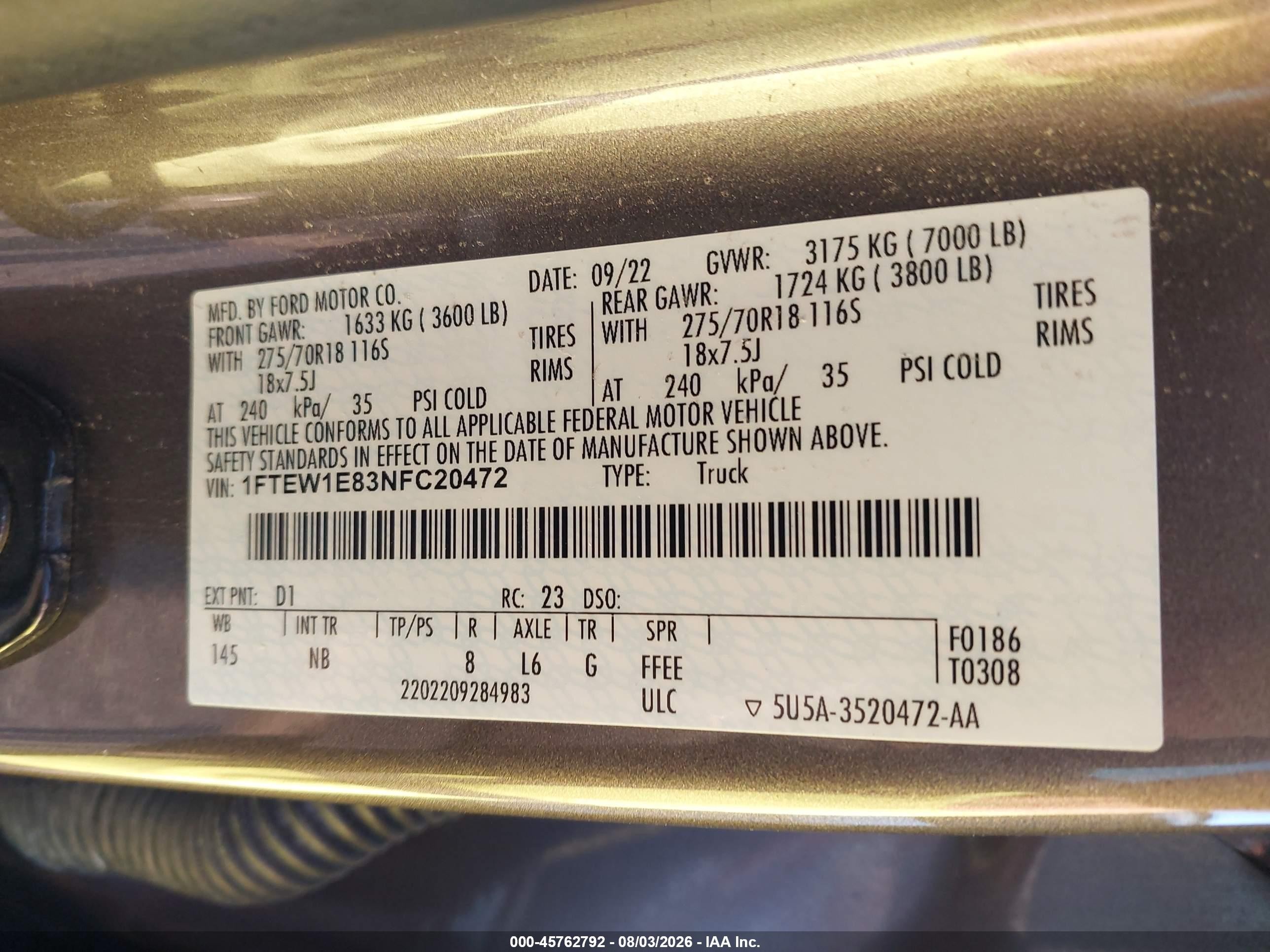2022 Ford F-150 Tremor Brown vin: 1FTEW1E83NFC20472