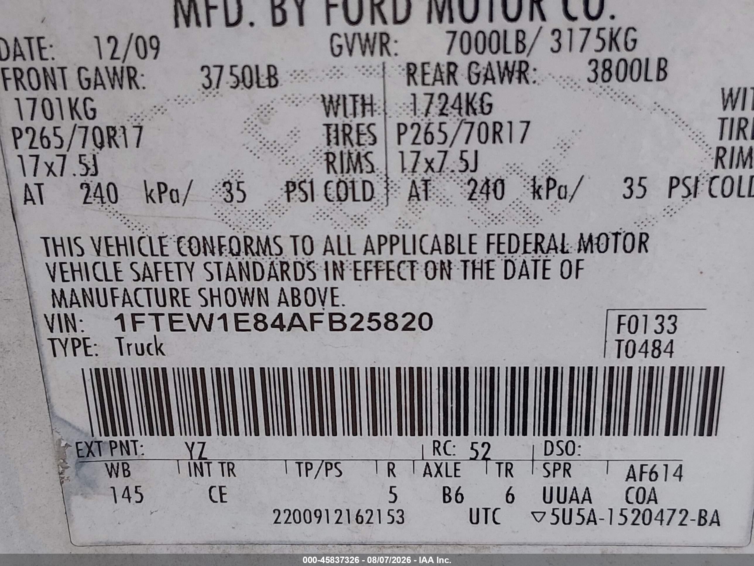 2010 Ford F-150 Xl White vin: 1FTEW1E84AFB25820