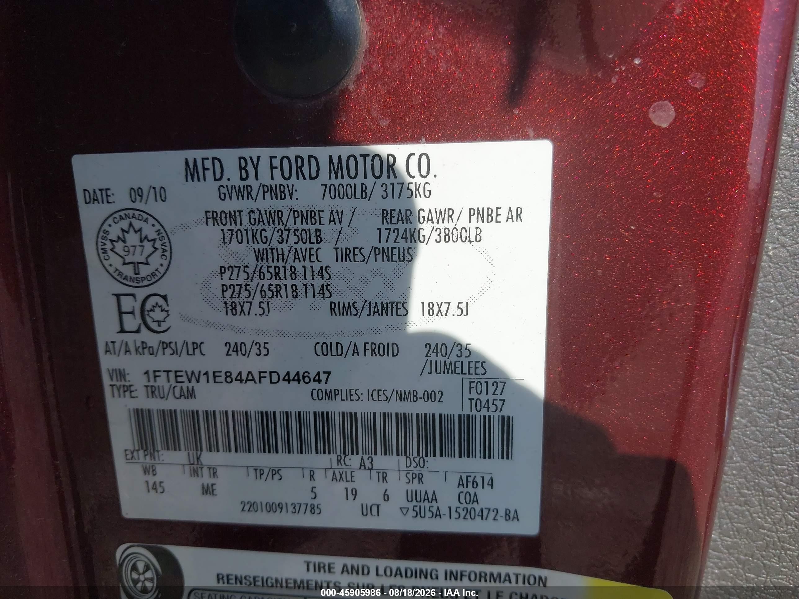 2010 Ford F-150 Xl/xlt Maroon vin: 1FTEW1E84AFD44647