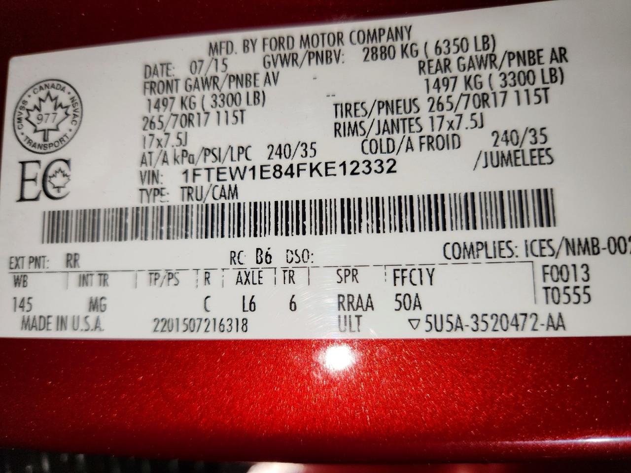 2015 Ford F150 Supercrew Red vin: 1FTEW1E84FKE12332