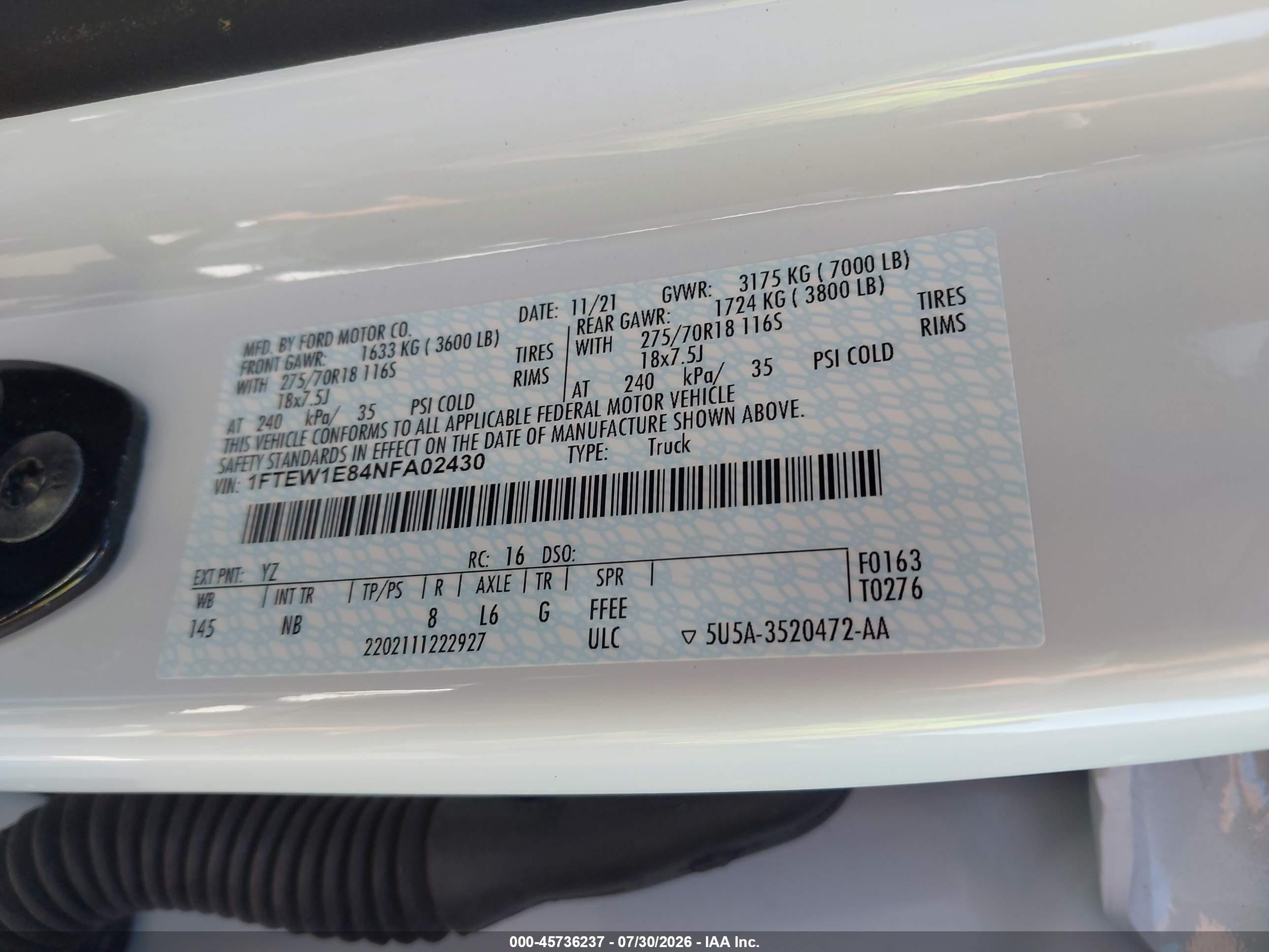 2022 Ford F-150 Tremor White vin: 1FTEW1E84NFA02430