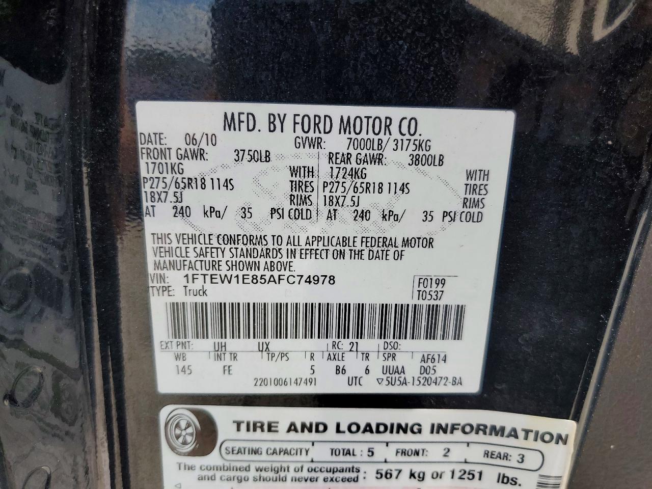 2010 Ford F-150 Xlt Supercrew Supercrew Black vin: 1FTEW1E85AFC74978